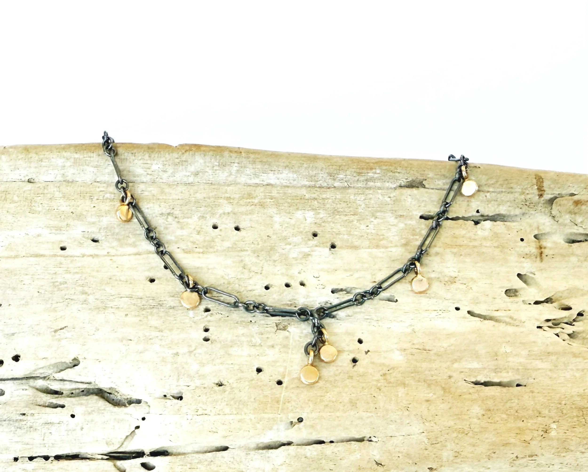Oxidized long short link silver chain with 14k gold dots
