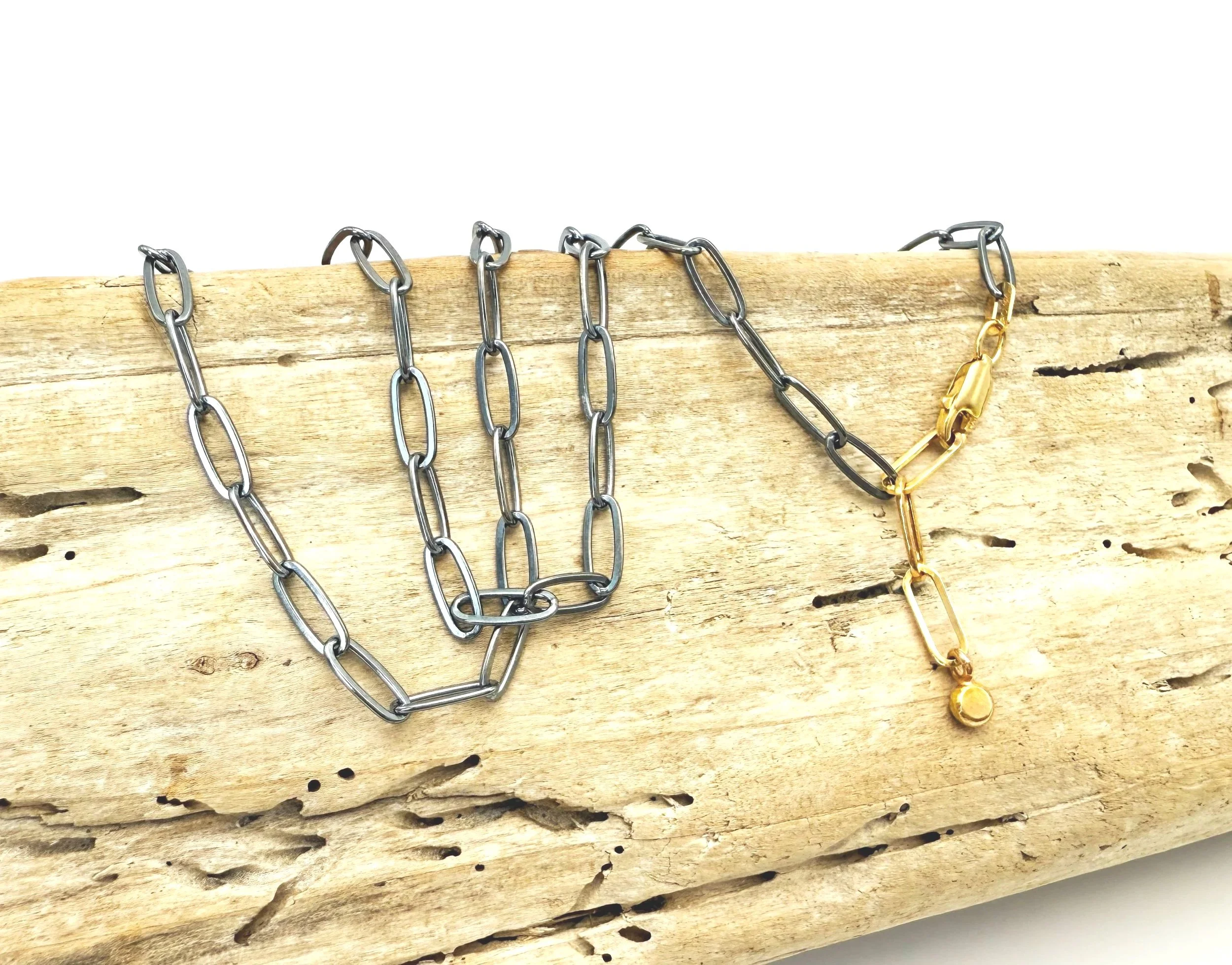 front clasp paperclip chain in silver and gold