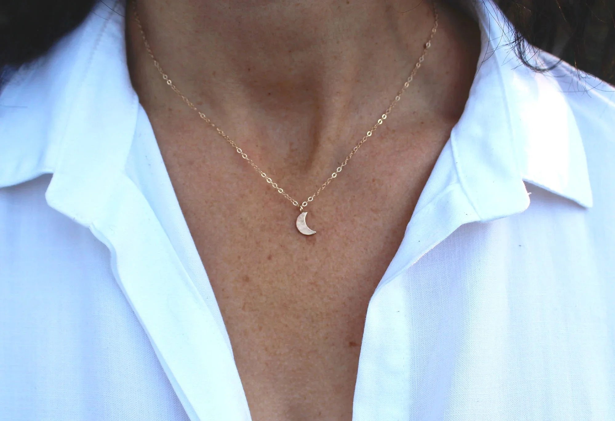artisan made dainty moon necklace hammered in 14k gold