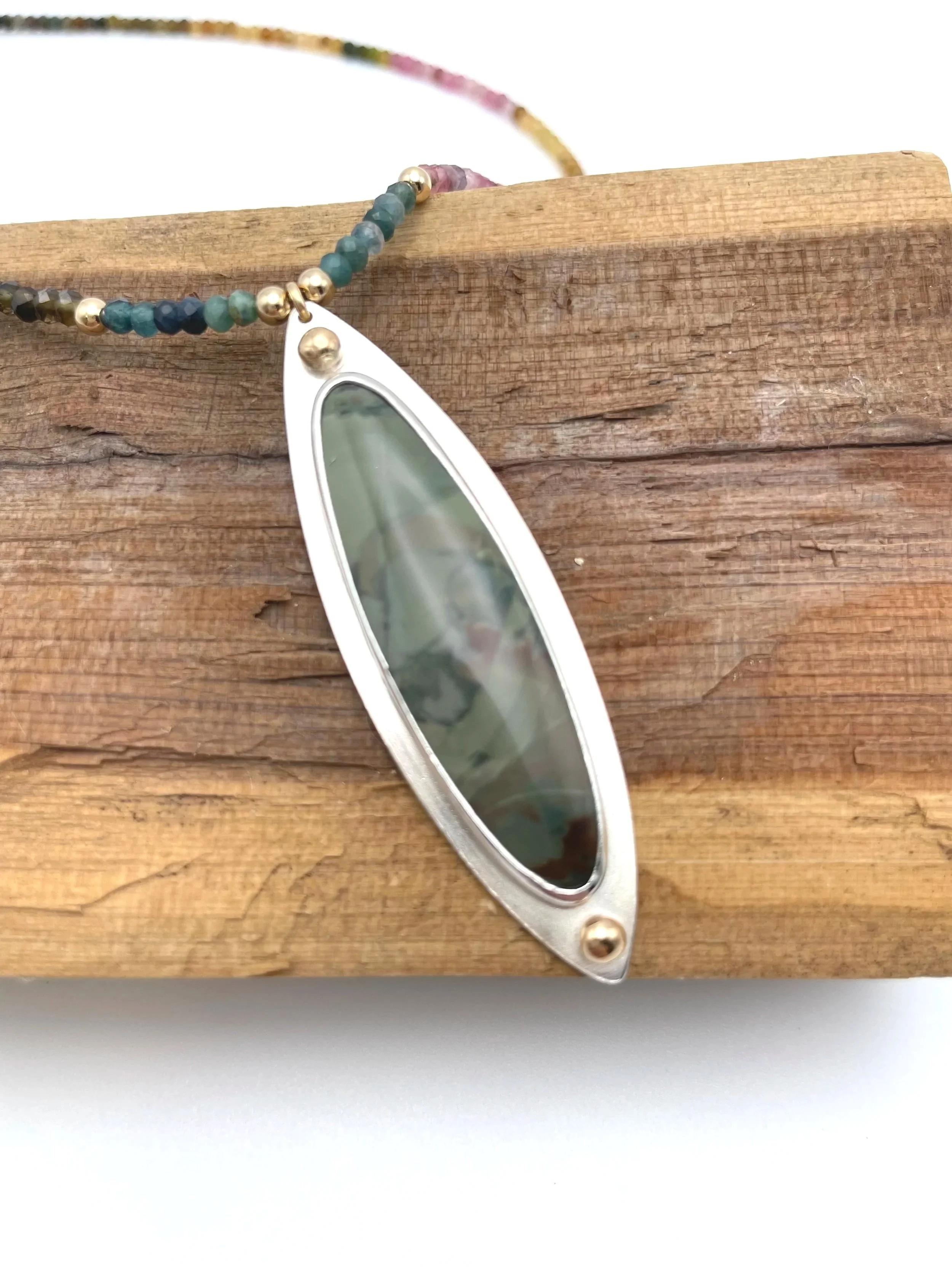 Morrisonite Jasper Pendant Necklace in Silver and Gold with Tourmaline Beads
