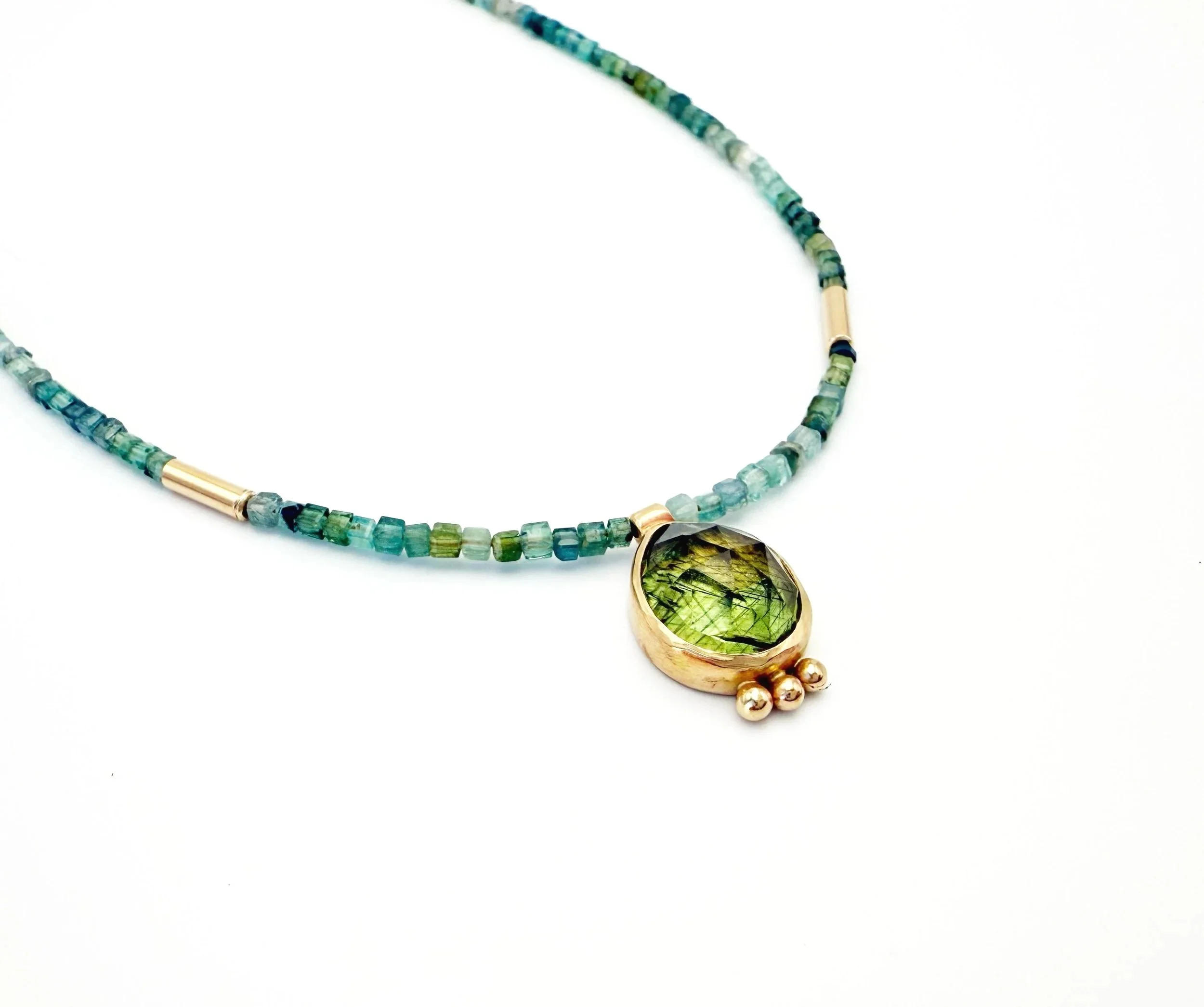 one of a kind peridot pendant necklace with tourmaline beads