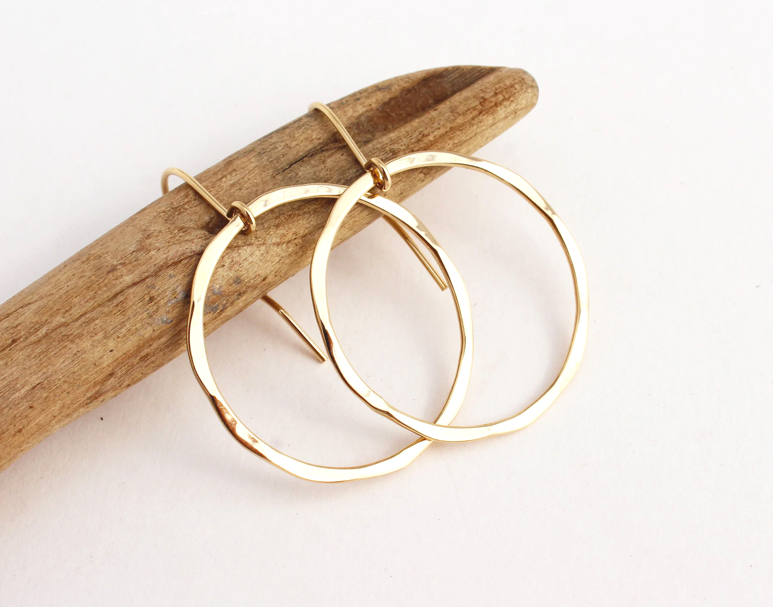 artisan made large hammered hoop earrings 14k gold