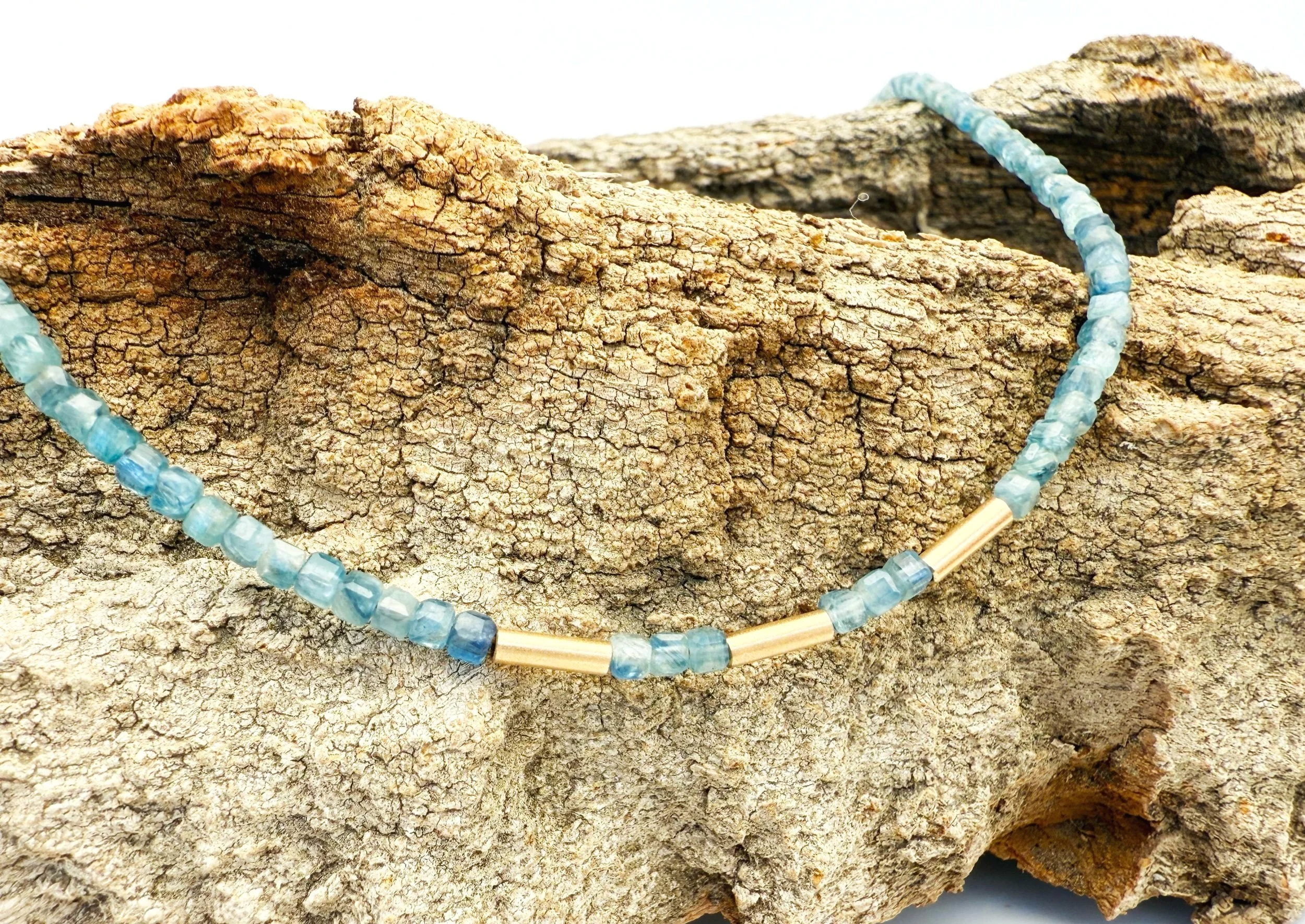 minimalist blue gemstone beaded necklace 14k gold