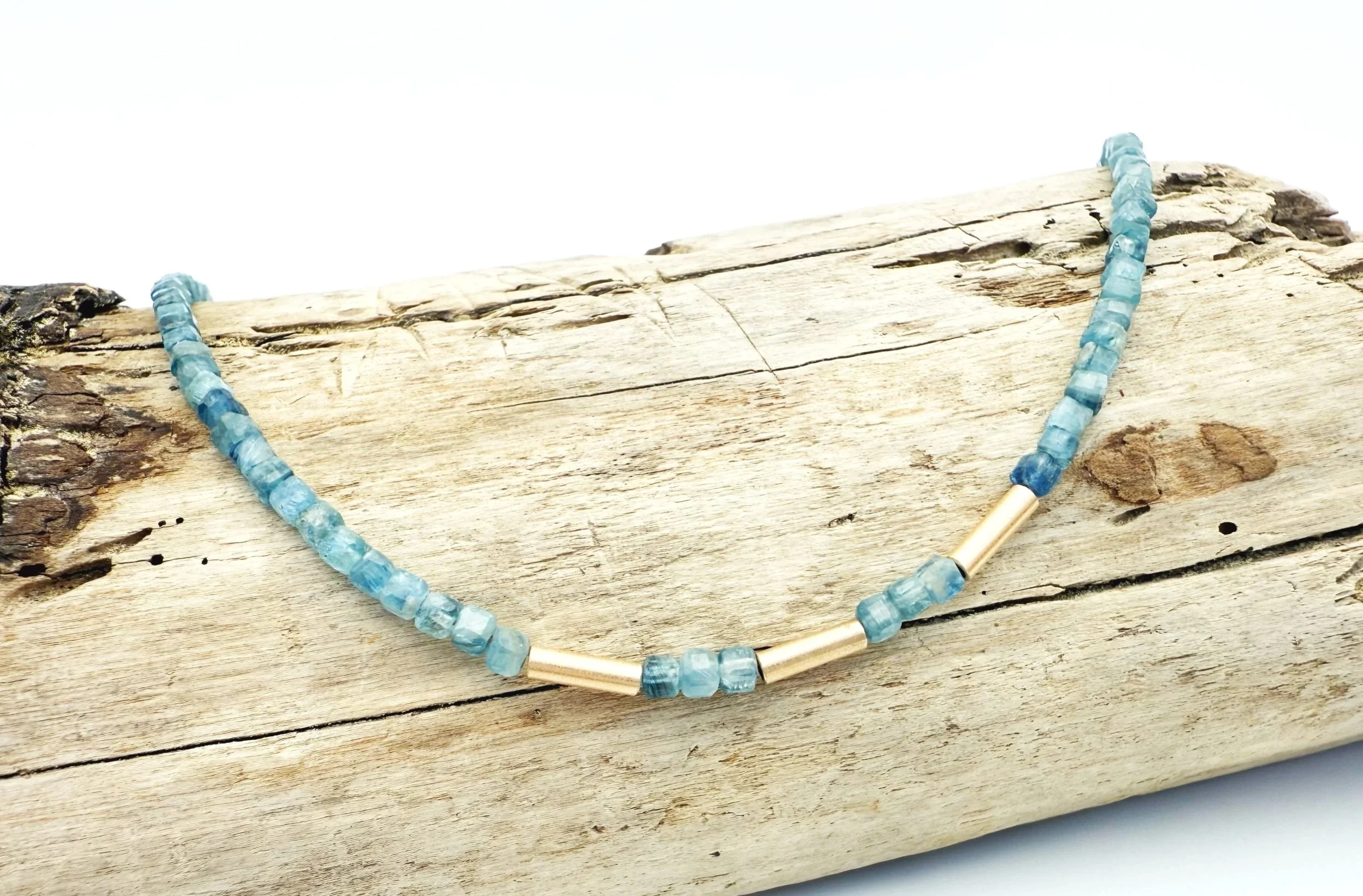 kyanite gemstone beaded necklace 14k solid gold