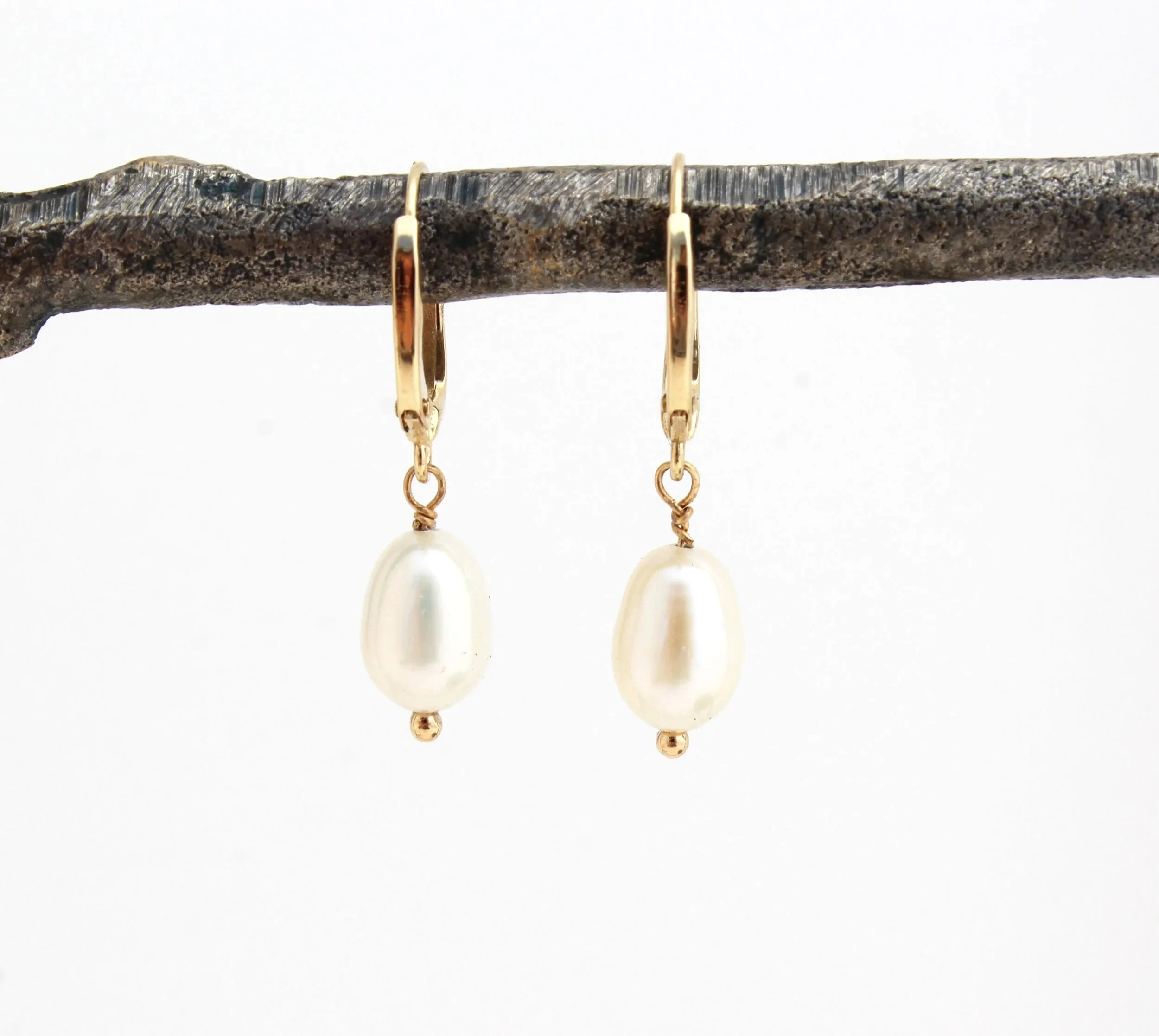 14k solid gold white pearl dangle earrings