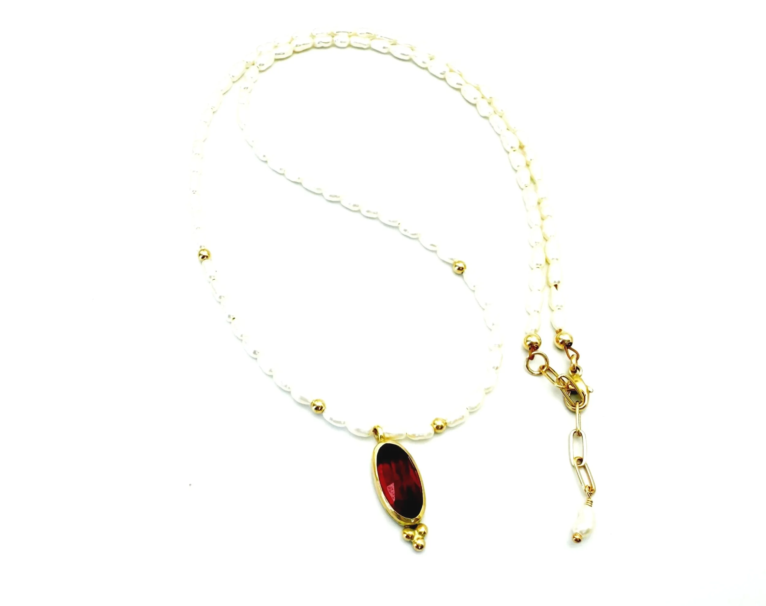 rose cut garnet pendant in 14k gold with pearl strand