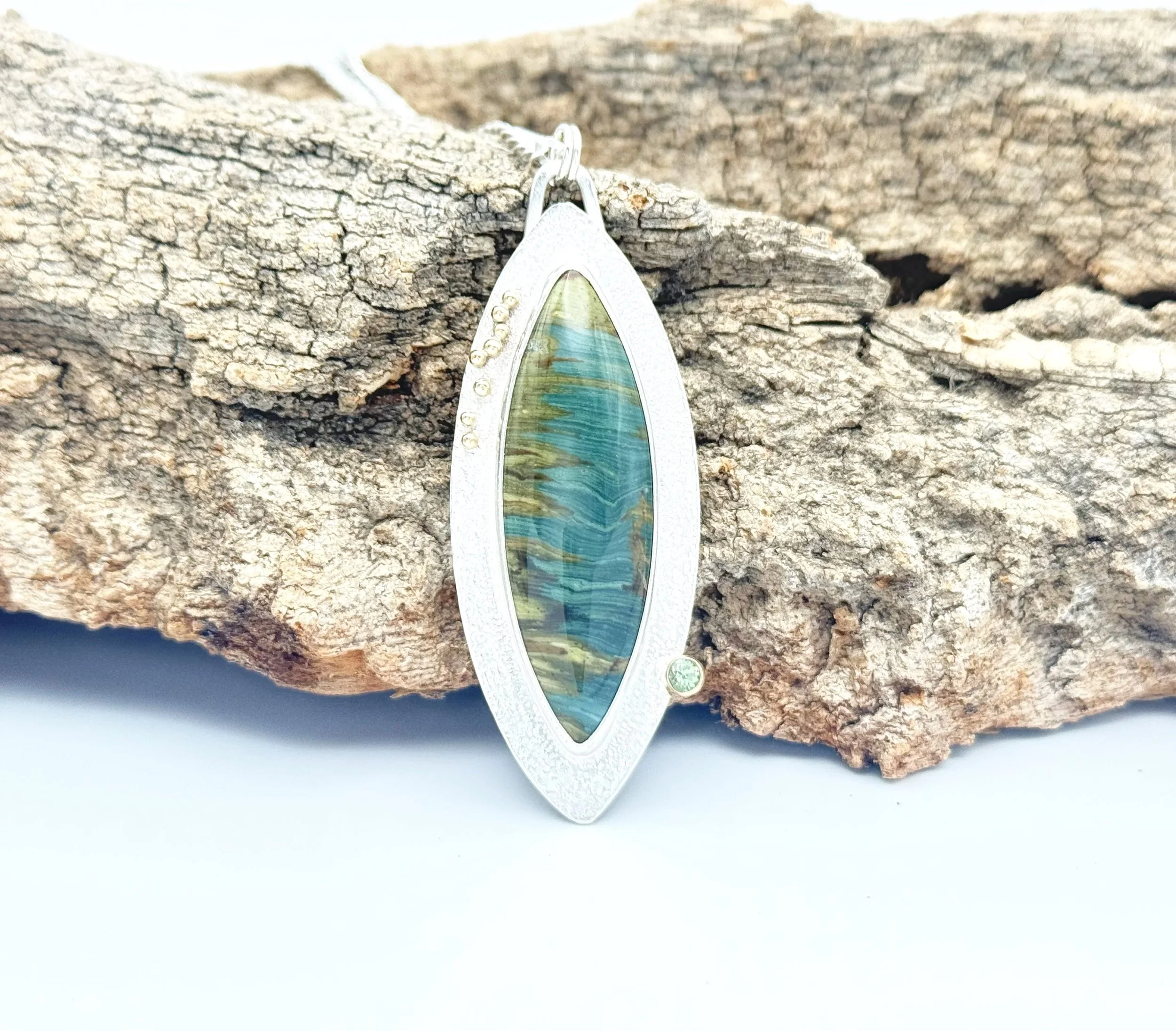 Unique green jasper pendant necklace silver with gold dot accents and Montana sapphire