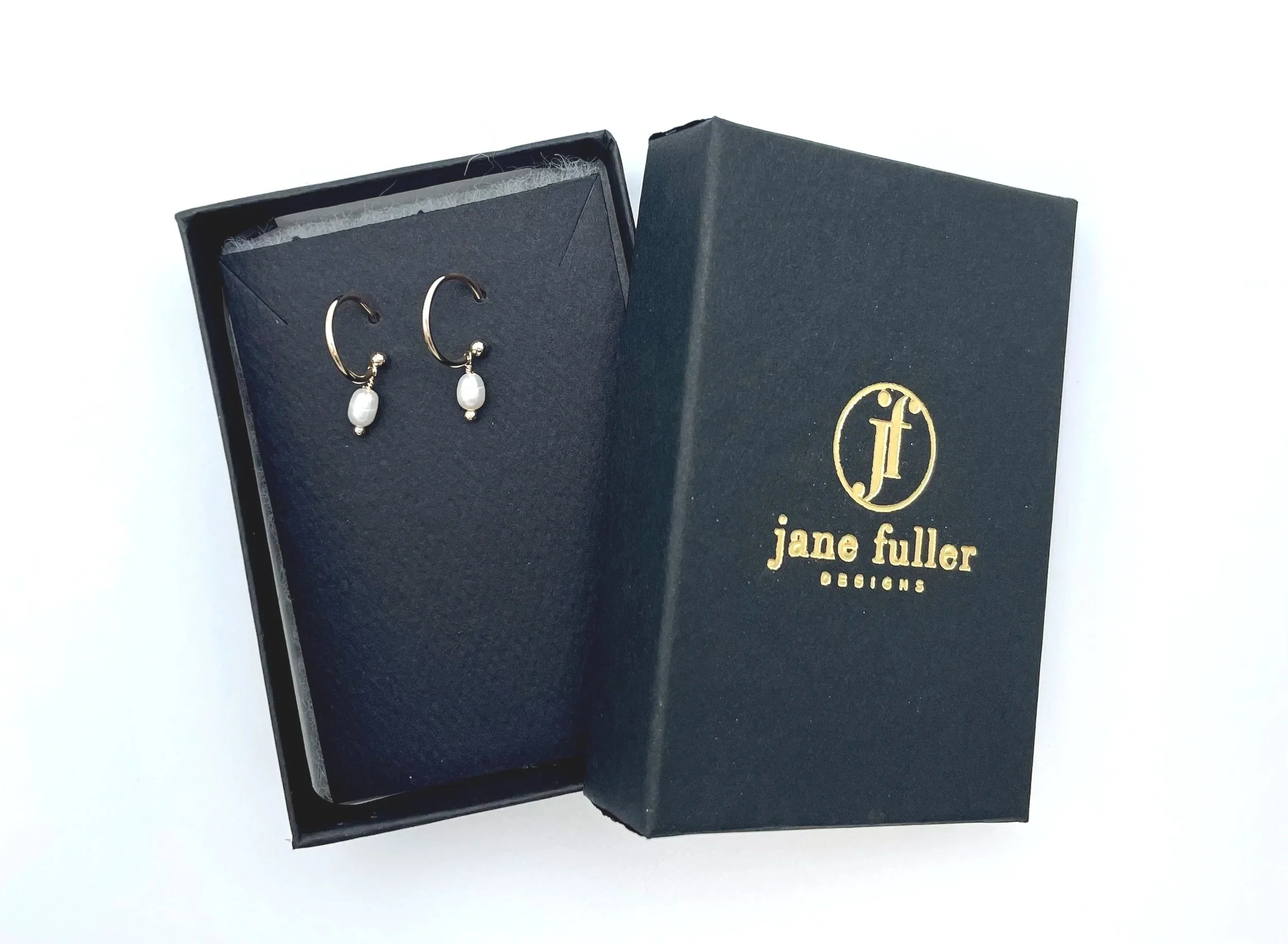 14k pearl hoop earrings in Jane Fuller Designs gift box