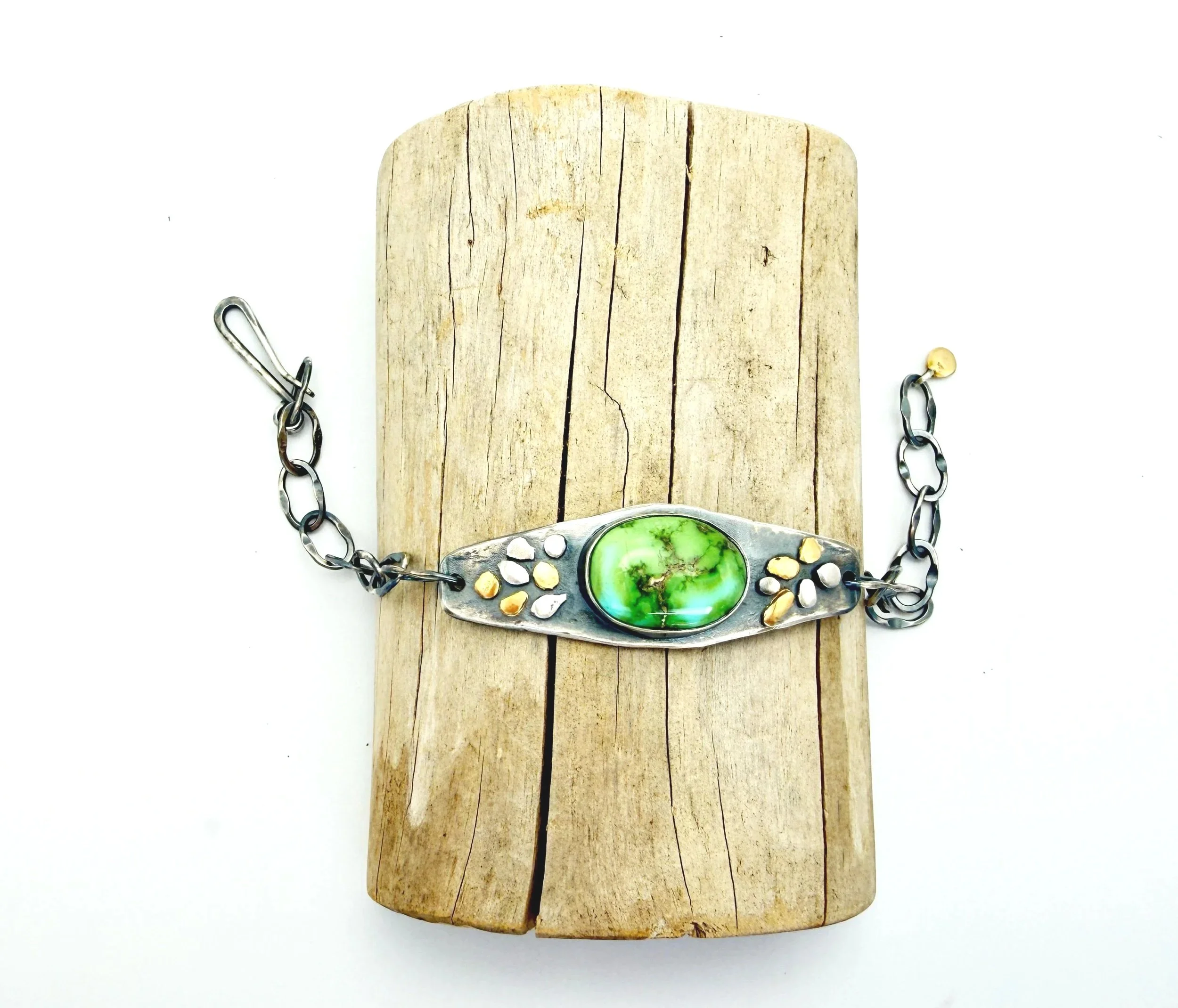 Artisan Blue green turquoise bracelet in silver and gold