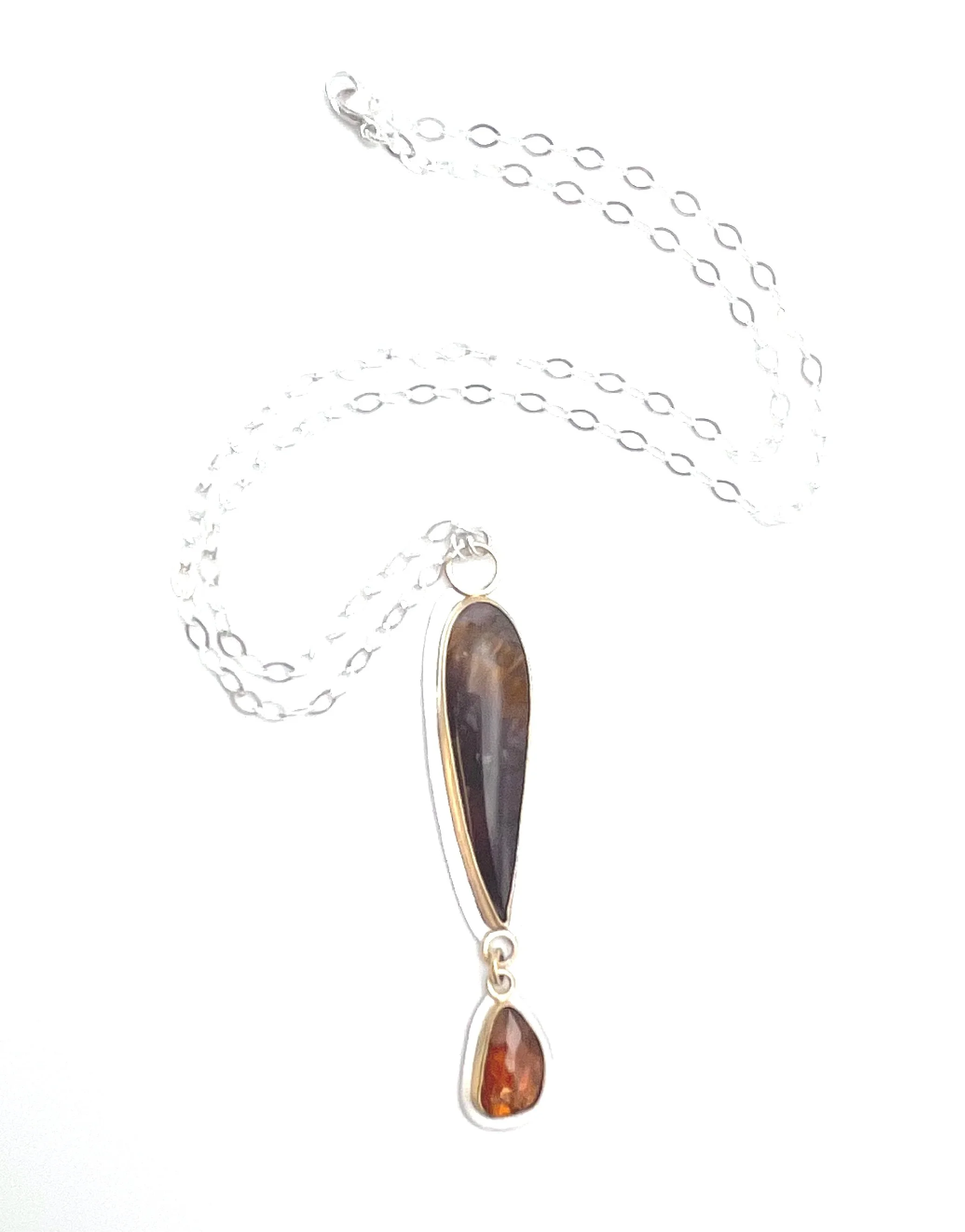 bezel set Garnet and amethyst double pendant necklace mixed metal
