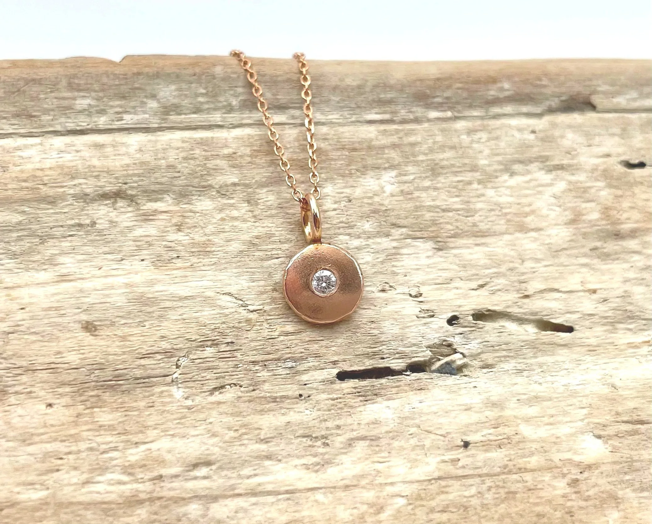 14k rose gold disc pendant necklace with diamond