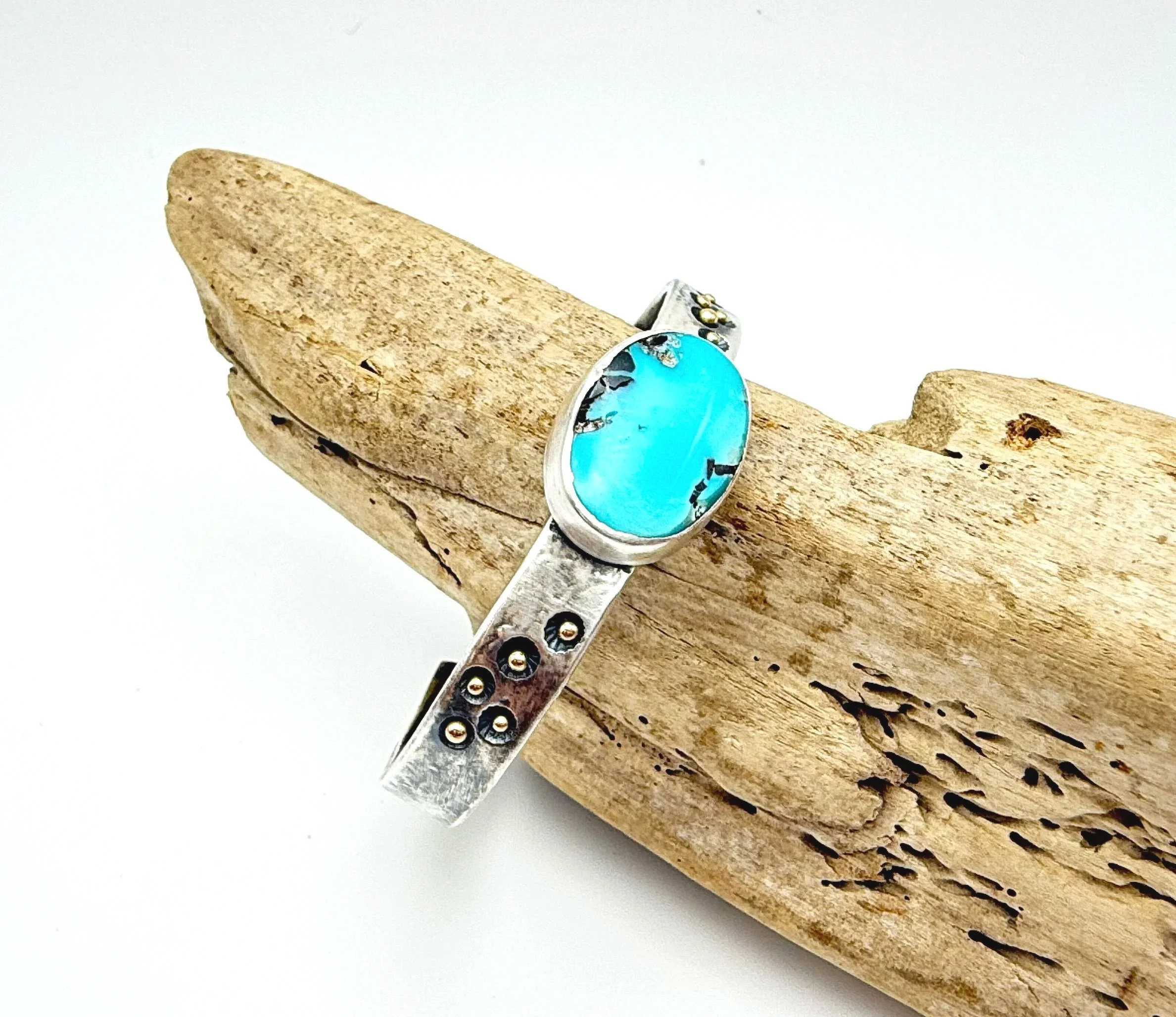 turquoise cuff bracelet in silver and 14k gold