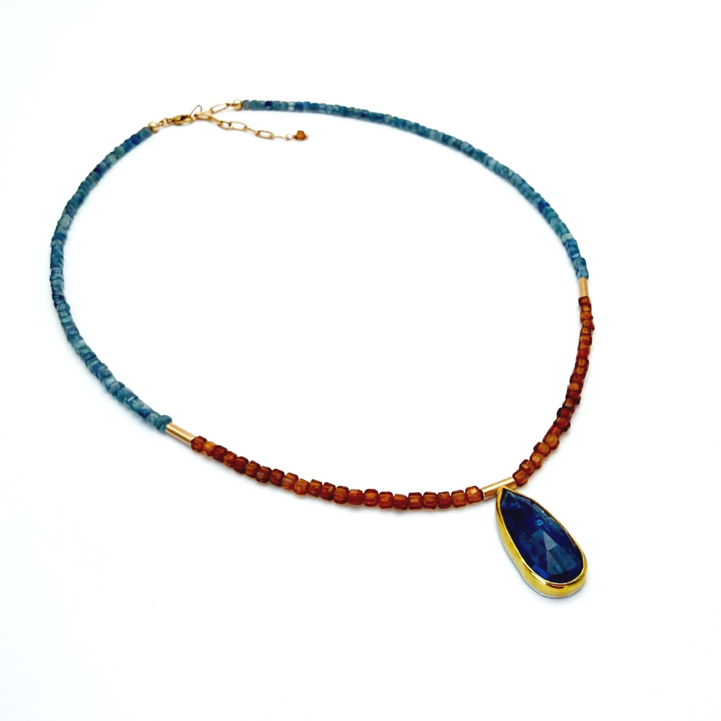 Kyanite and Garnet beaded necklace 14k gold
