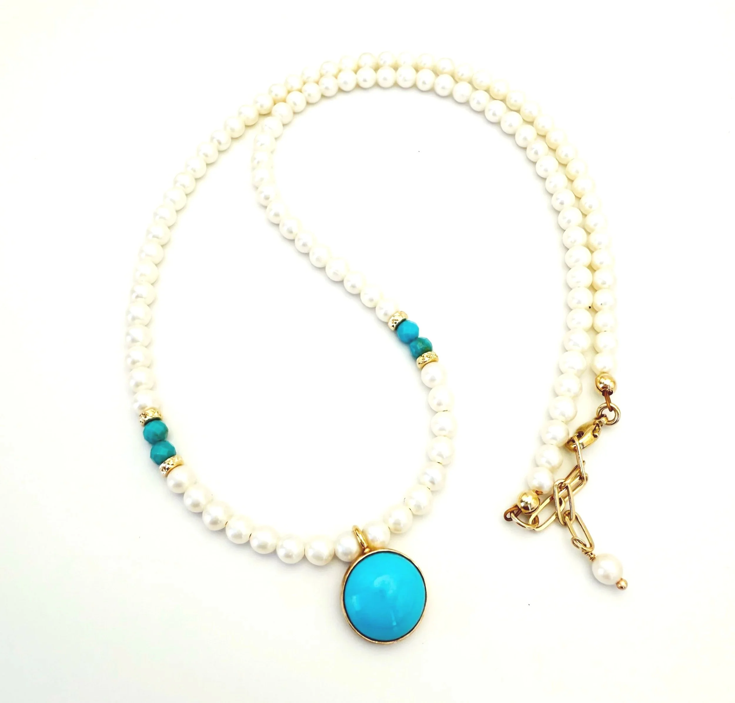 14k gold turquoise and pearl necklace handmade and one of a kind