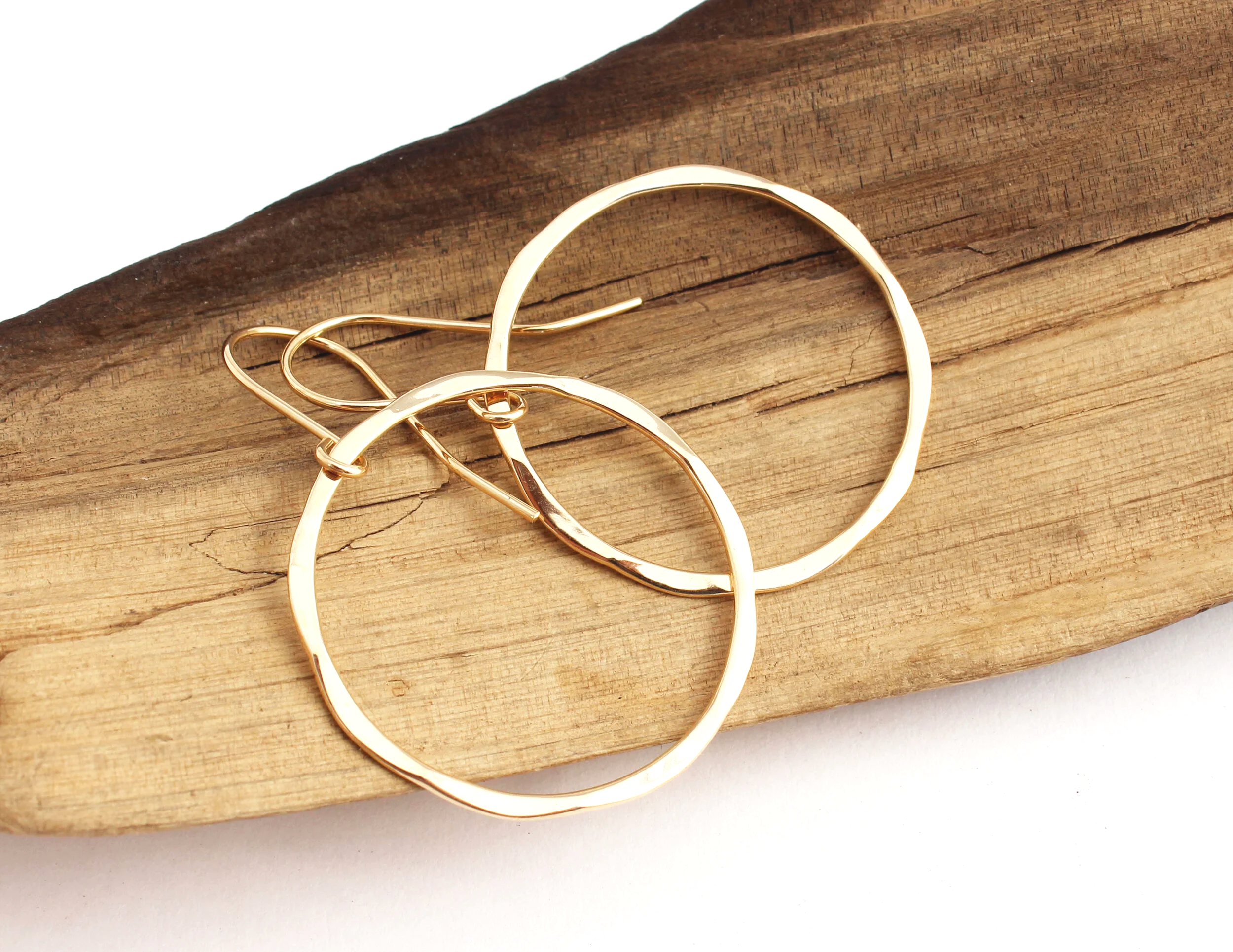 large 14k solid gold hammered hoop earrings