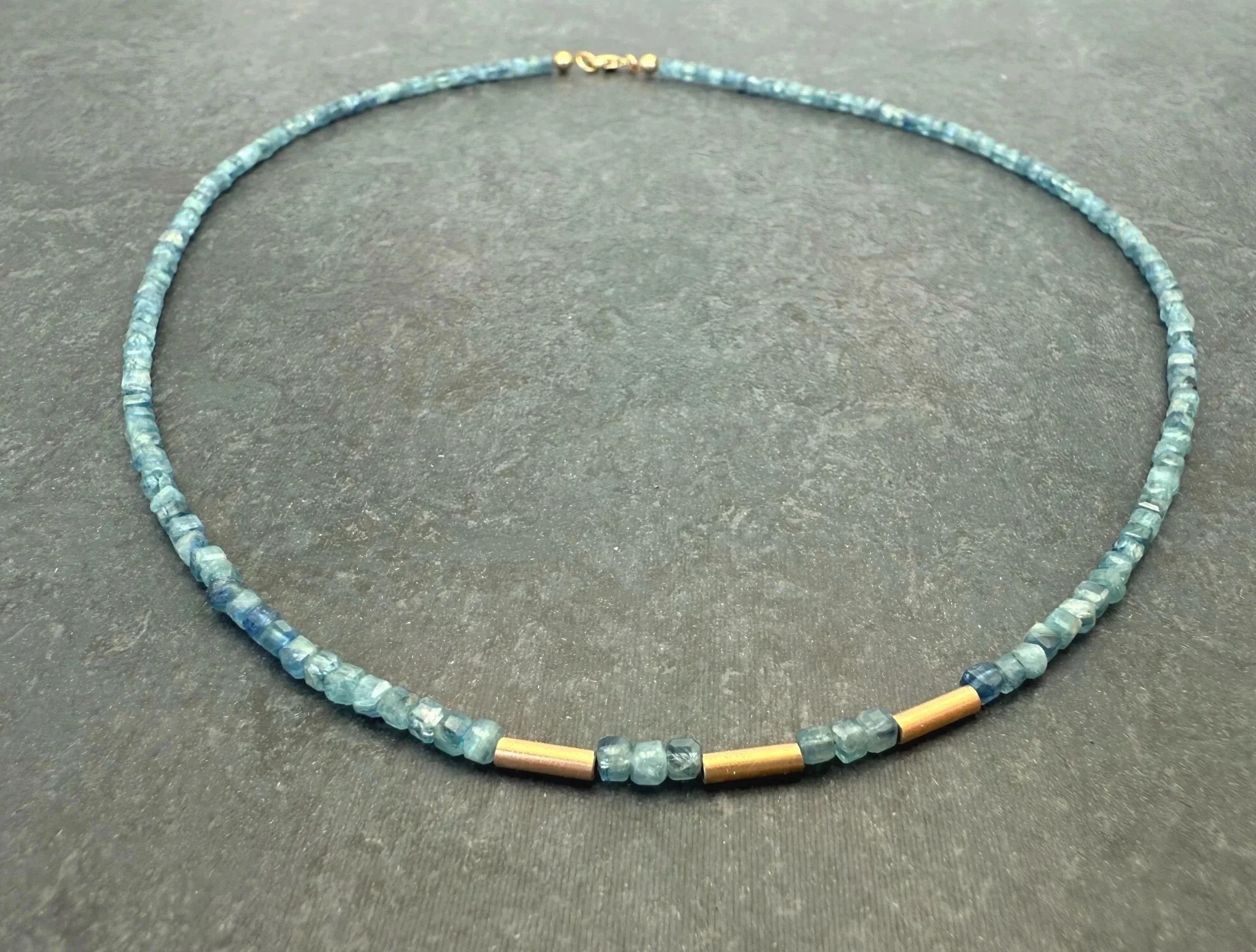2mm gemstone beaded necklace blue kyanite and gold tube beads