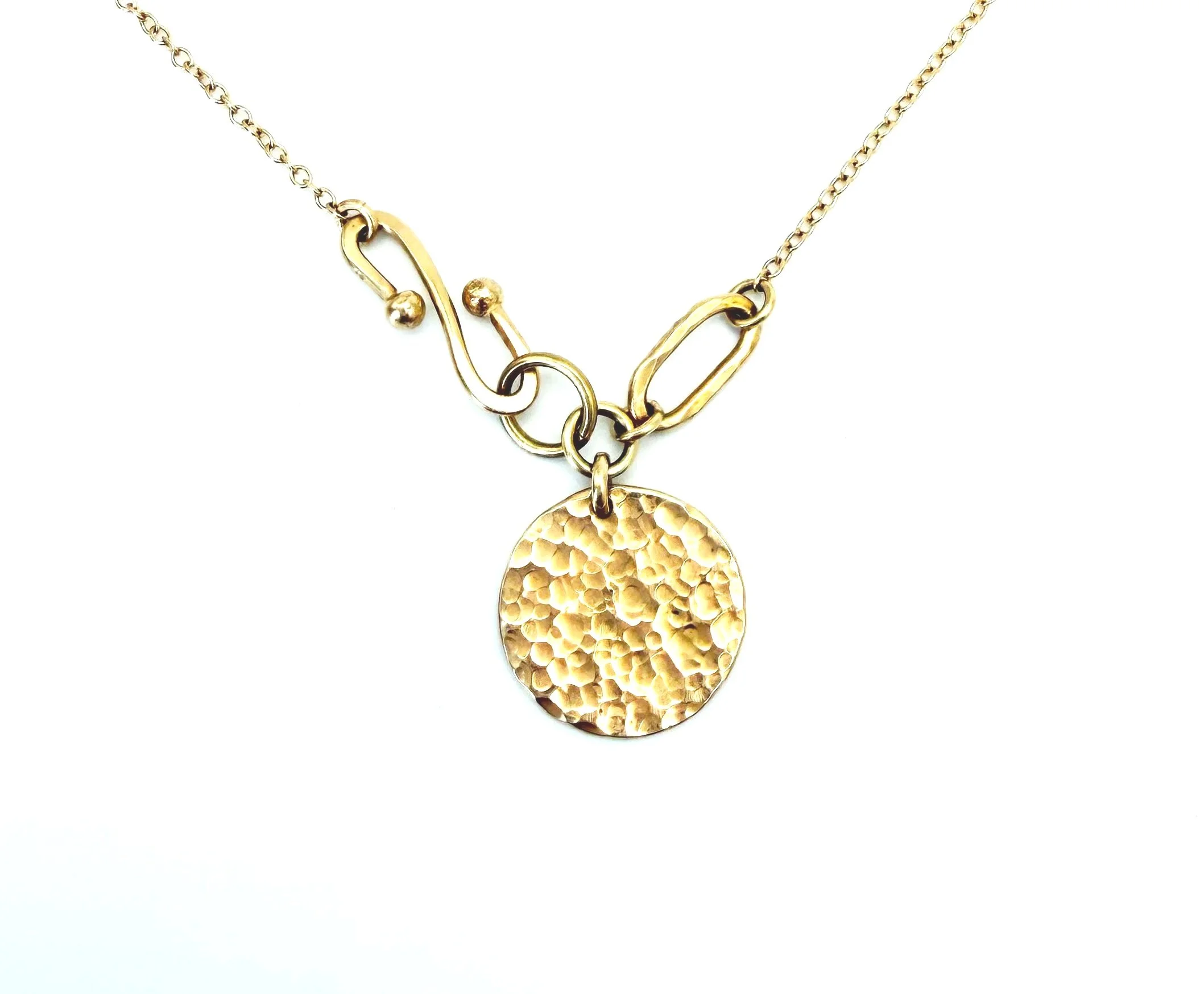 gold front S clasp necklace with hammered disc