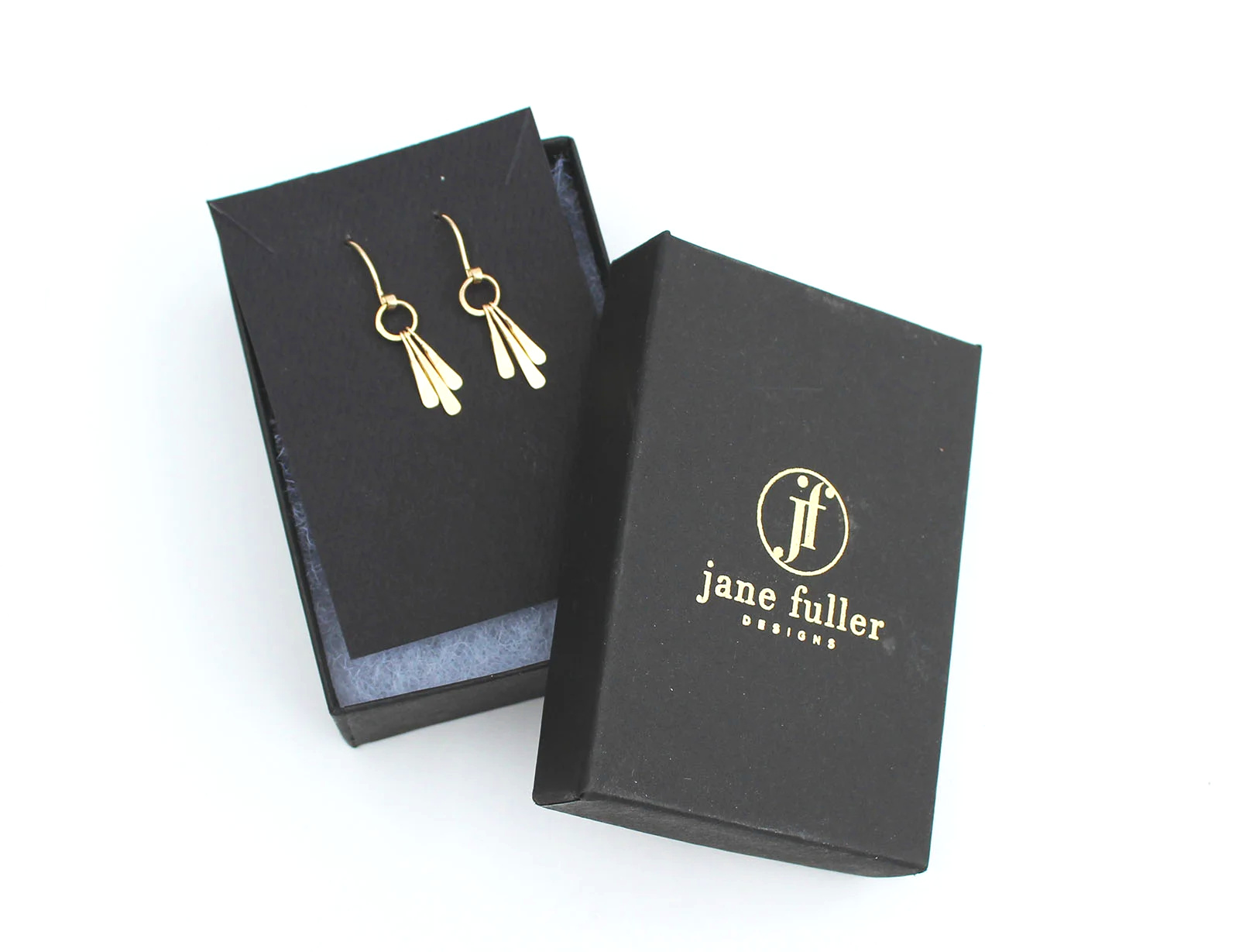 Artisan gold earrings with three hammered bars in 14k solid gold