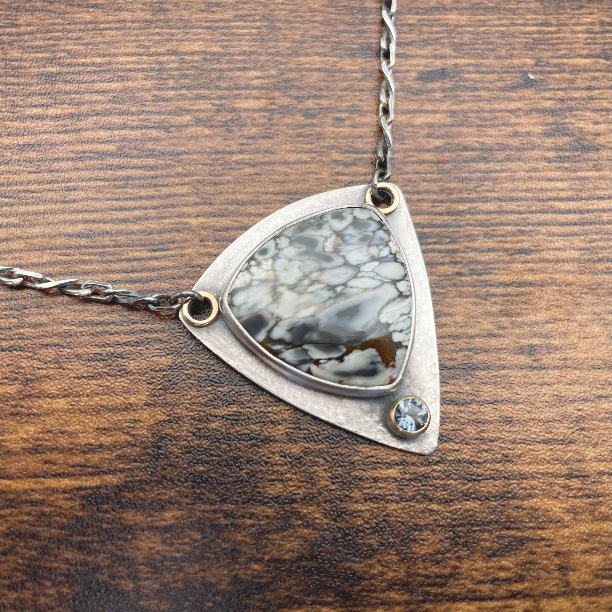 handmade sterling silver and gray stone one of a kind necklace with 14k gold