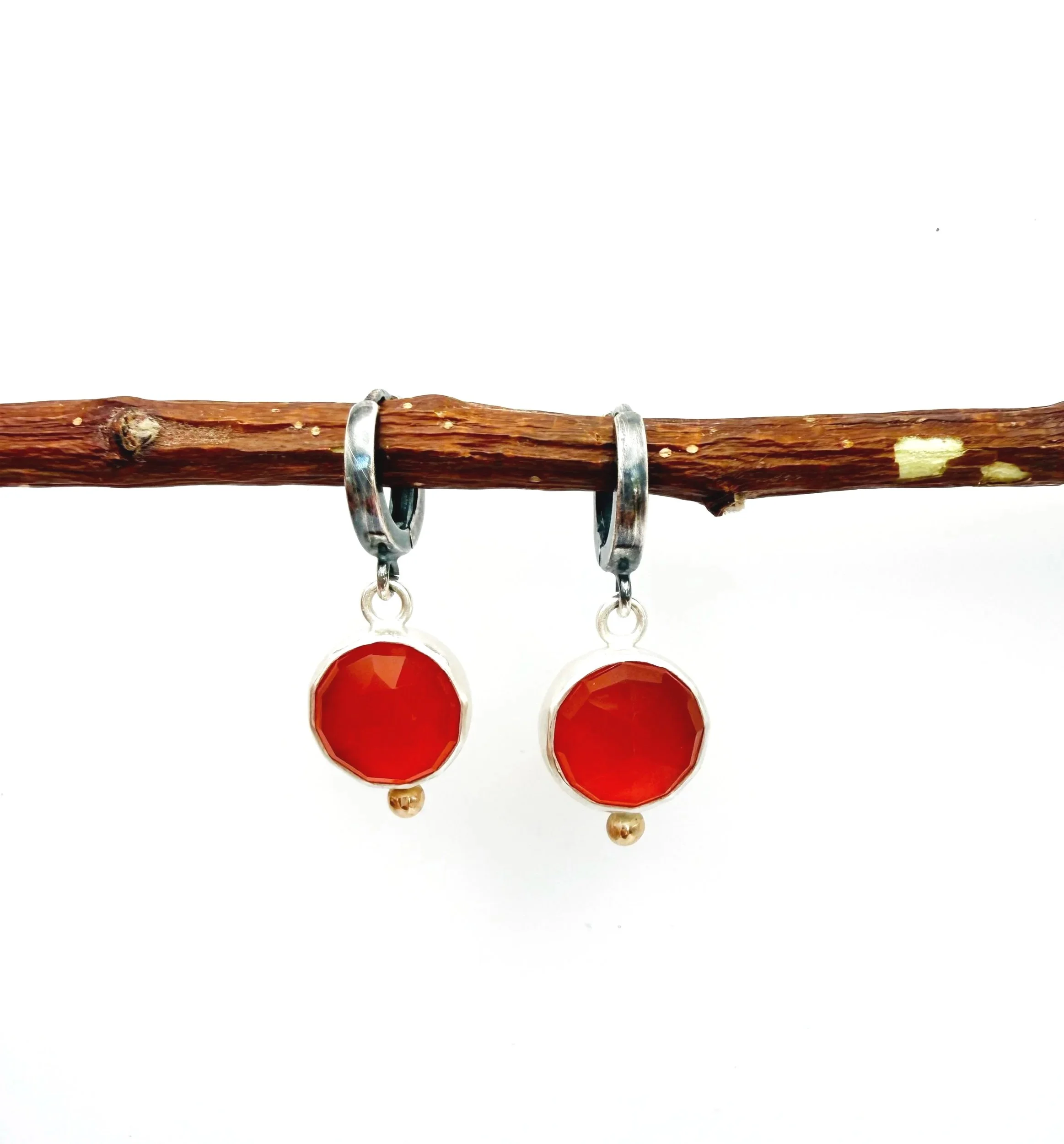 mixed metal red gemstone dangle earrings silver and gold