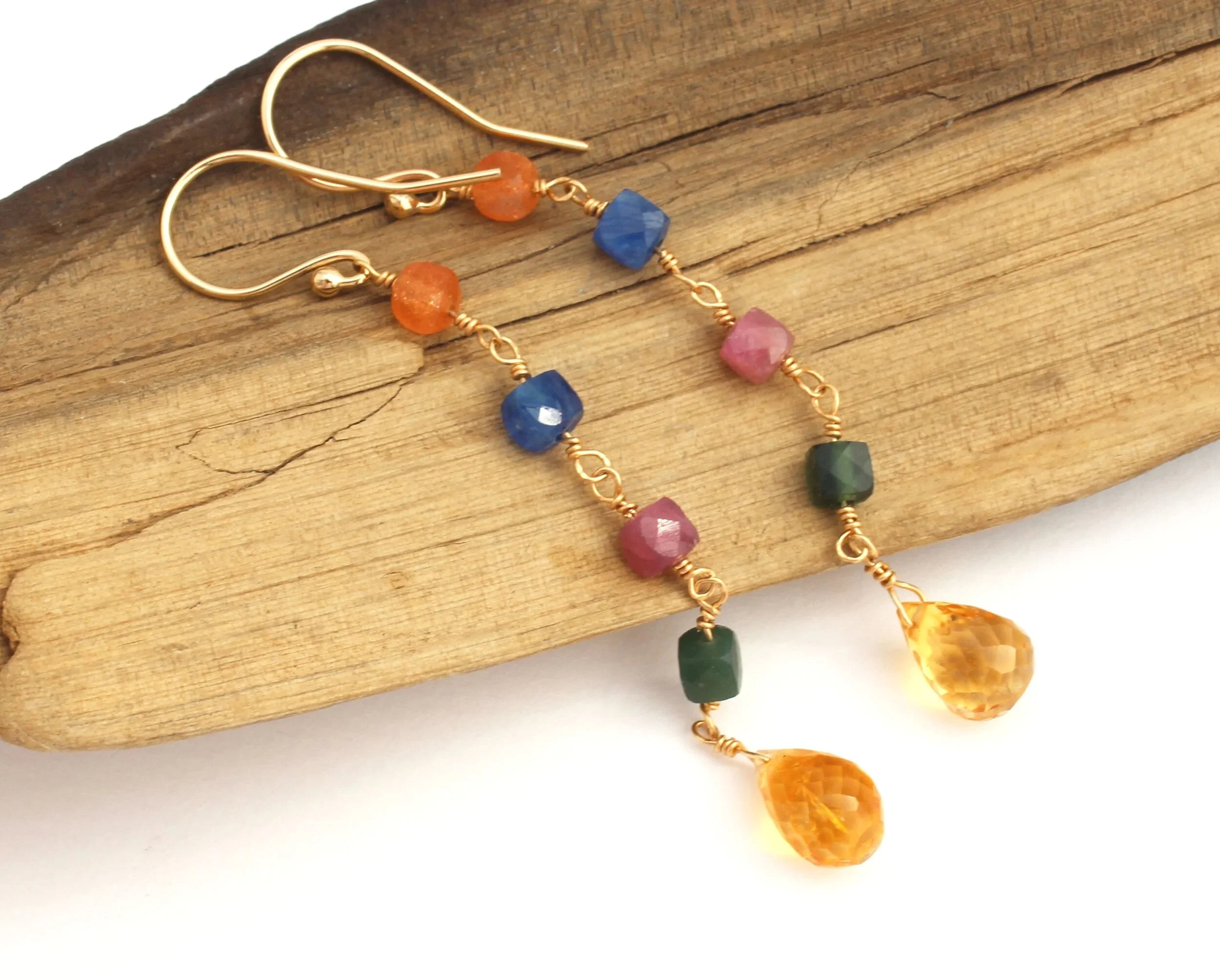 multi colored gemstone dangle earrings 14k gold