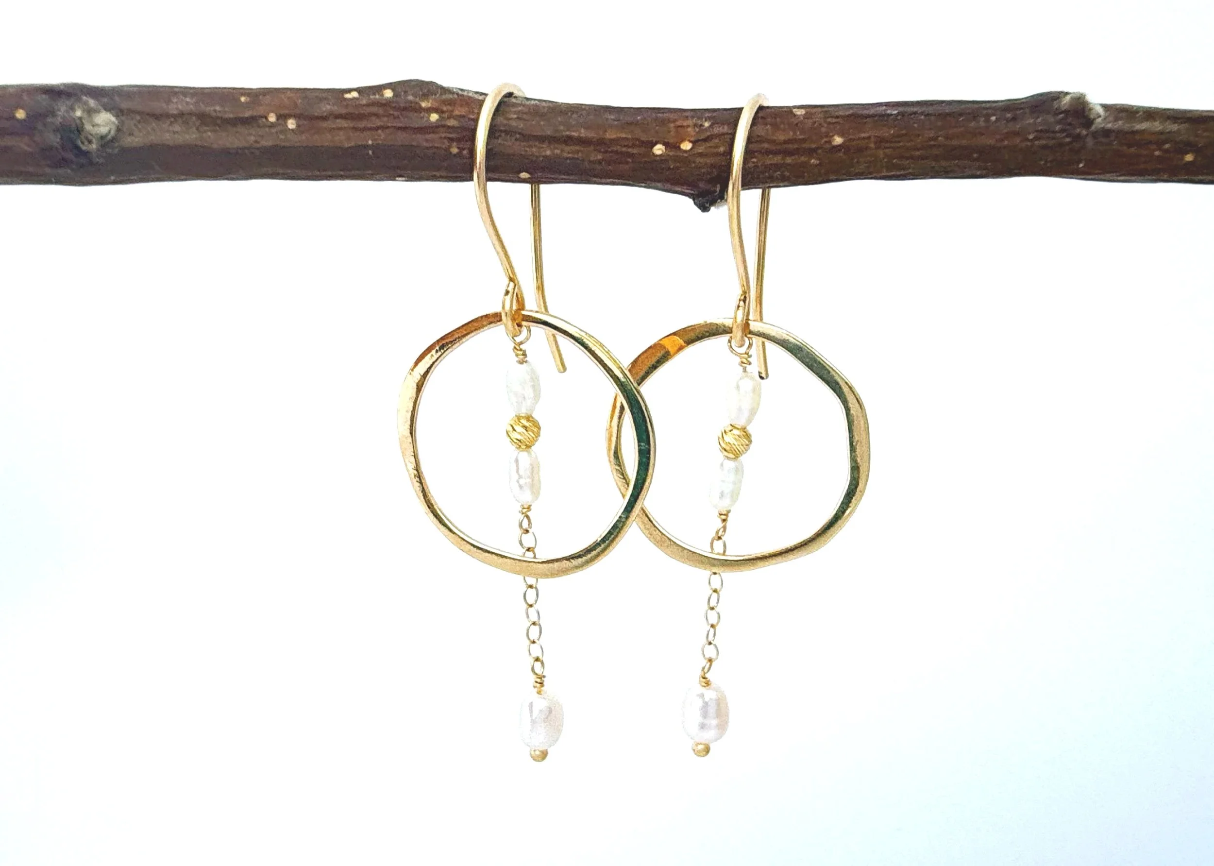 large irregular 14k gold hoops with freshwater pearls