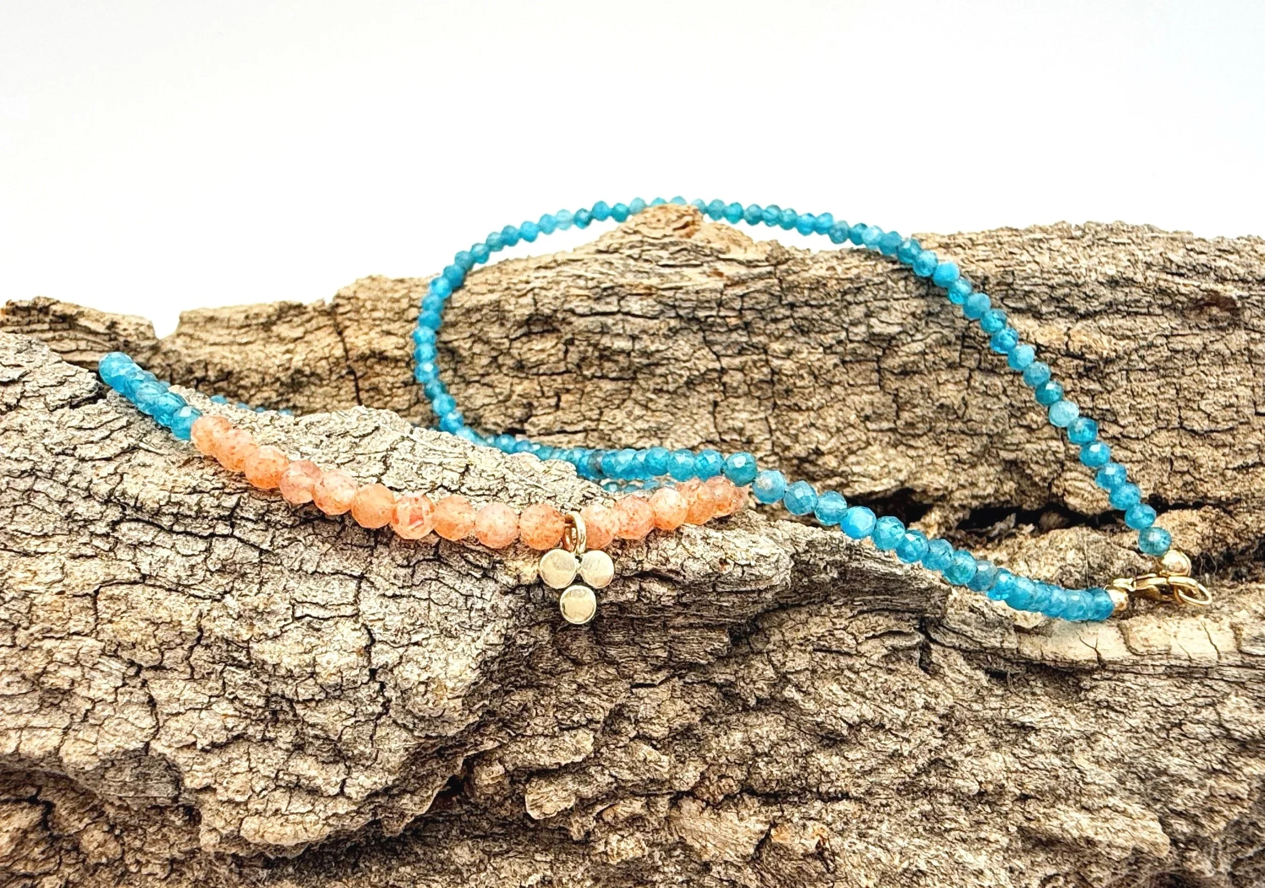 blue and peach gemstone necklace in solid gold