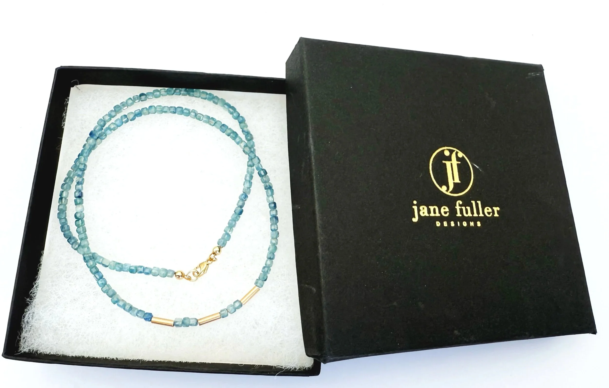 2mm kyanite cube bead necklace with 14k gold