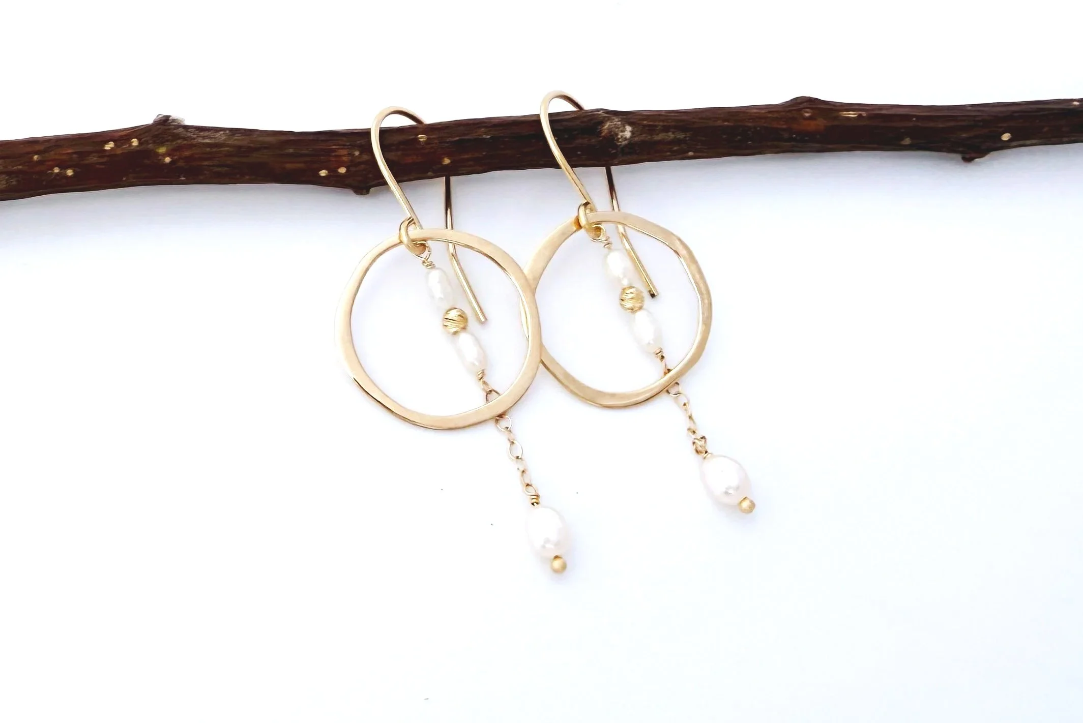 14k solid gold hoop dangle earrings with pearls