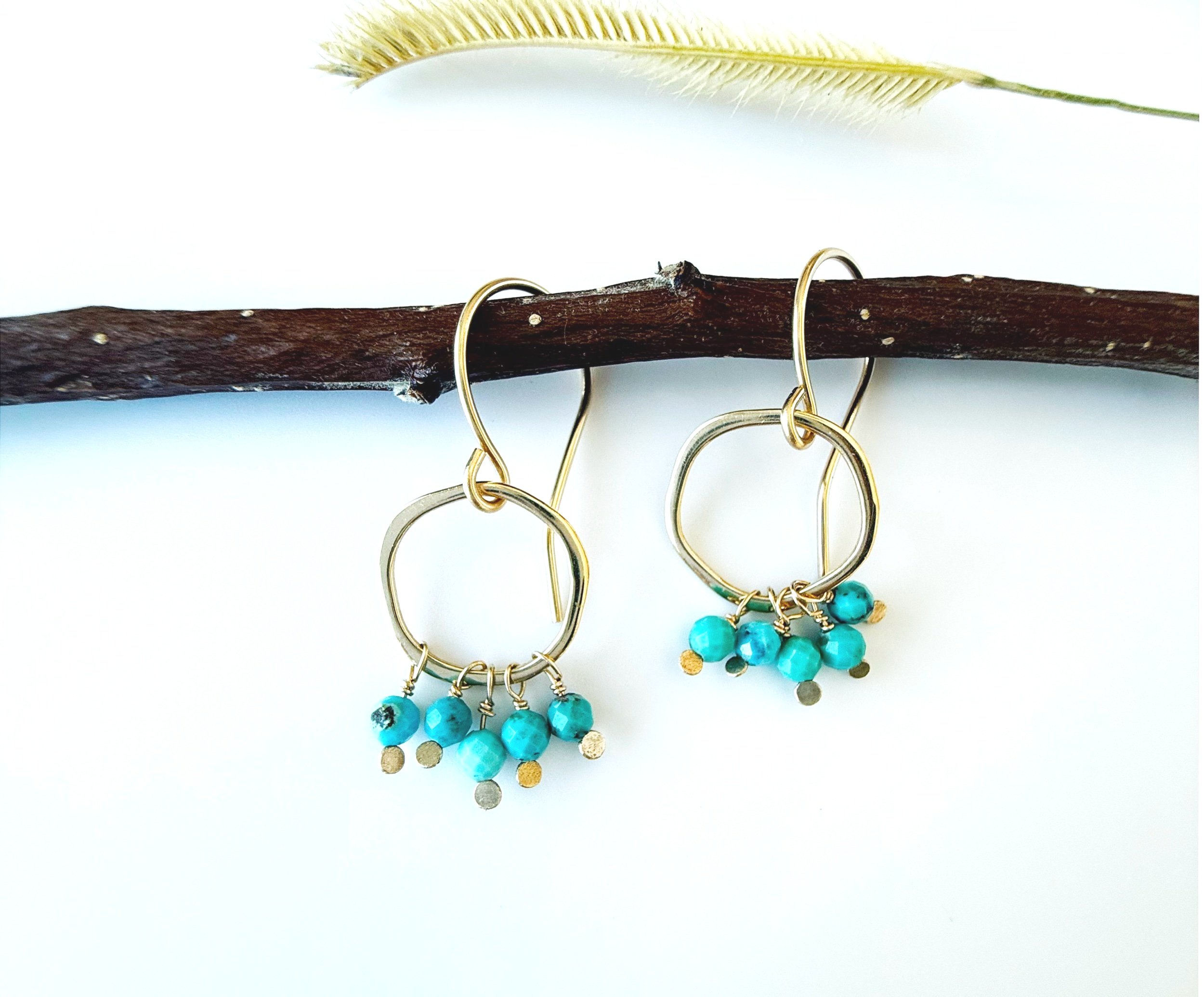 Turquoise hoop dangle earrings in 14k solid gold