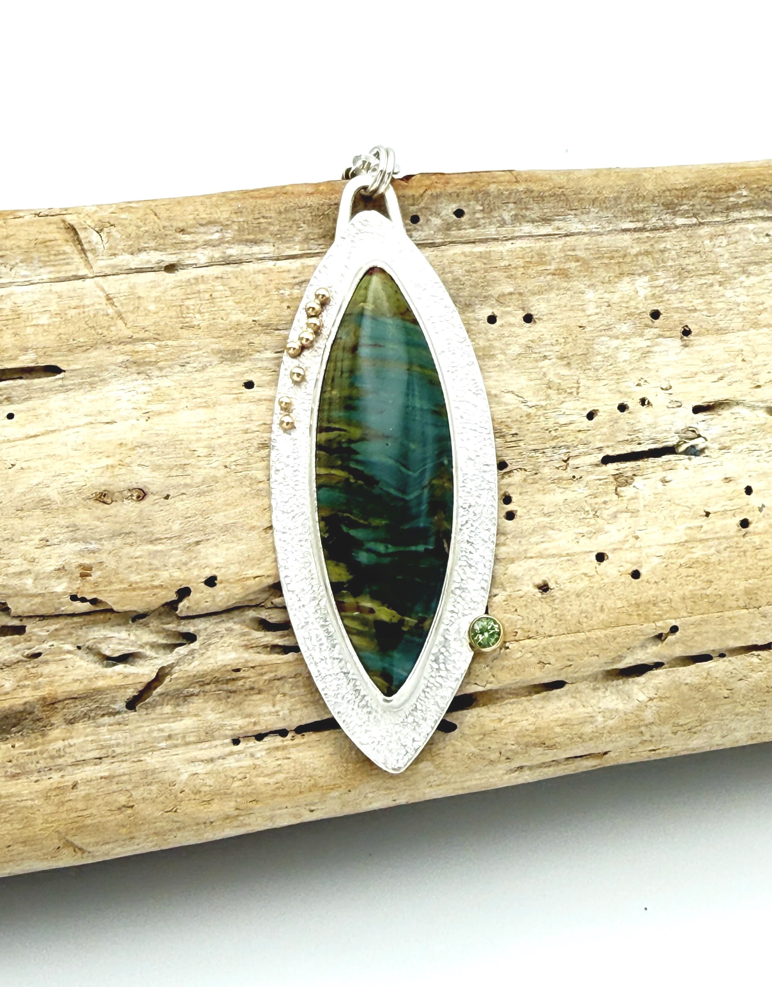 Blue Green Jasper Pendant necklace mixed metal silver and gold