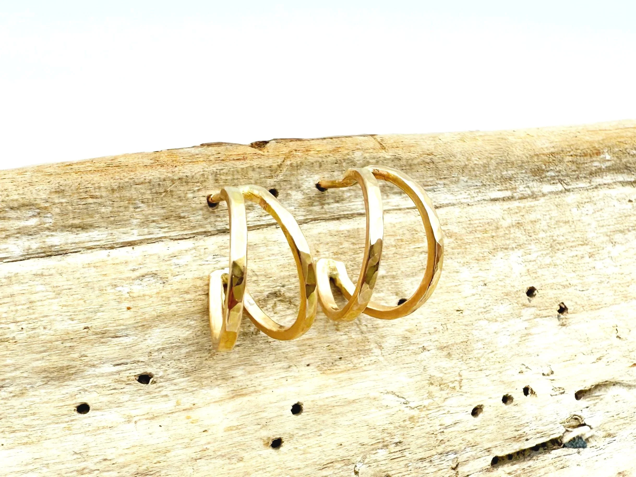 hammered double hoop gold earrings 14k