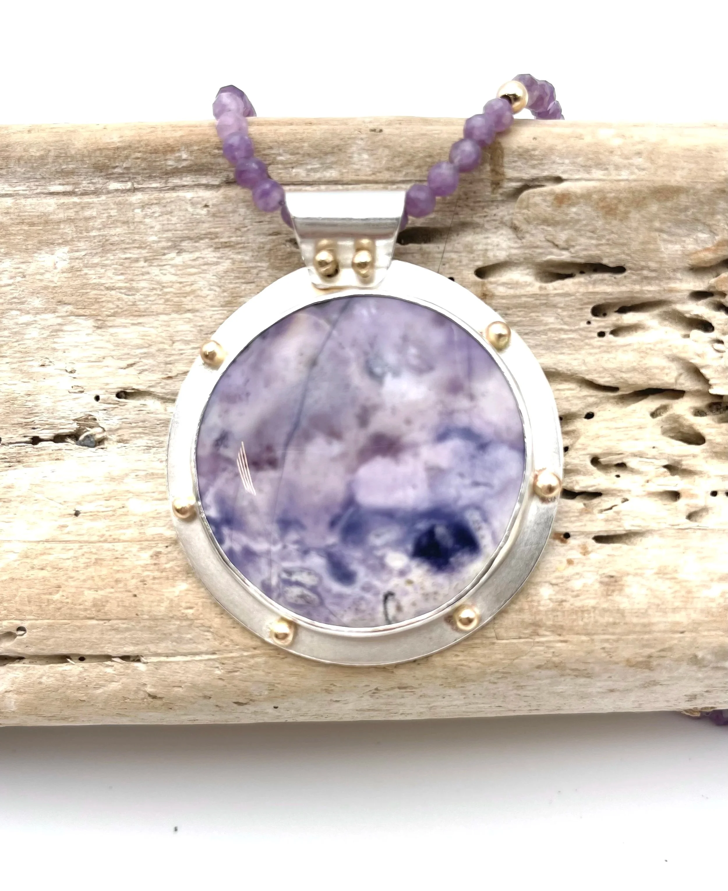 opalized fluorite pendant necklace in silver and gold