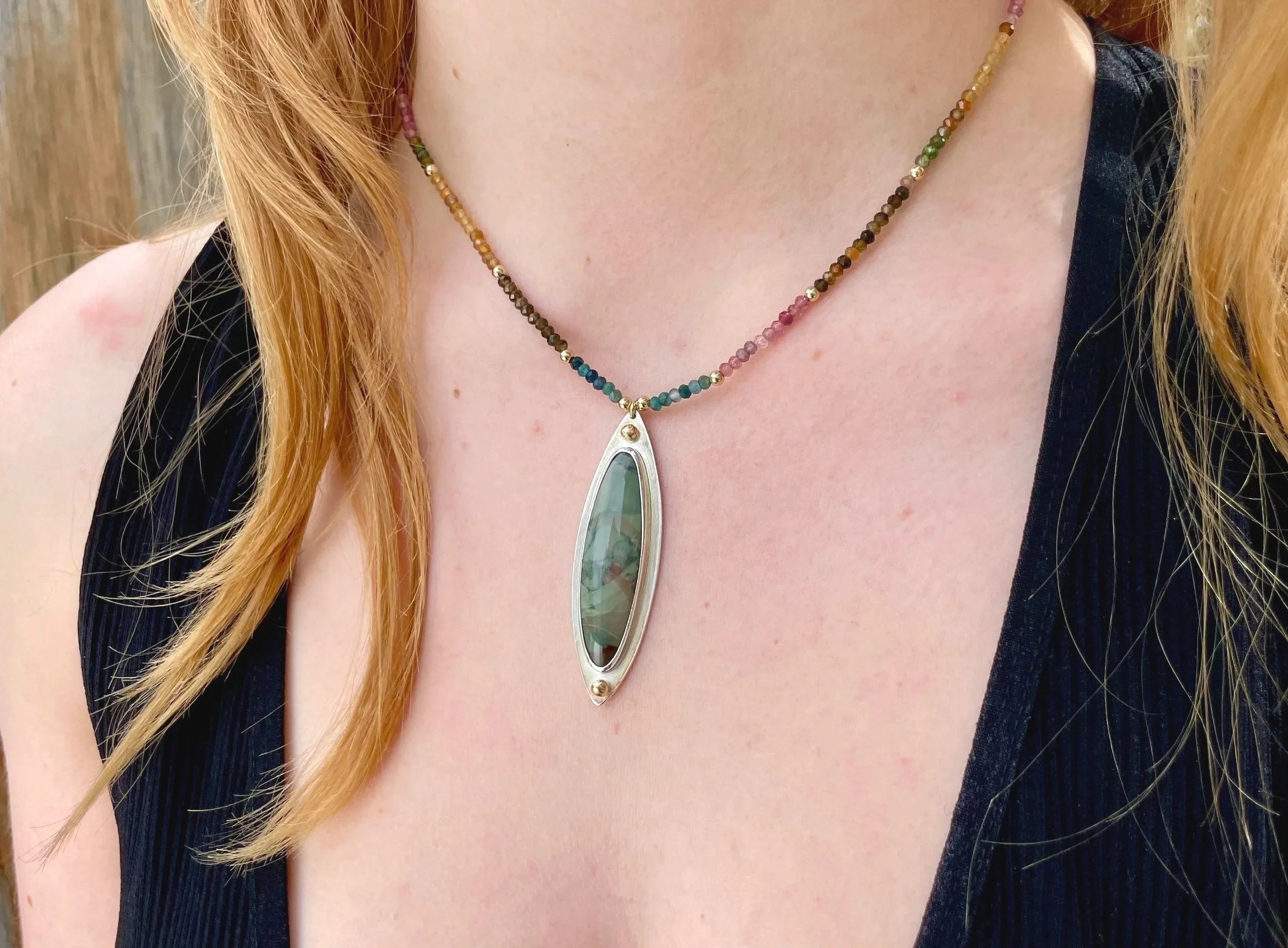 one of a kind jasper pendant necklace with tourmaline, mixed metal