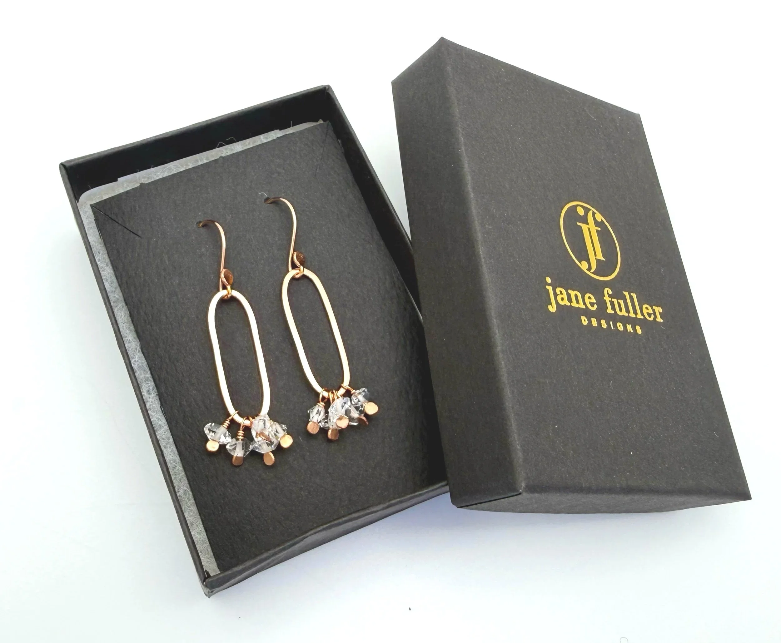 rose gold hoop dangle earrings with herkimer diamonds