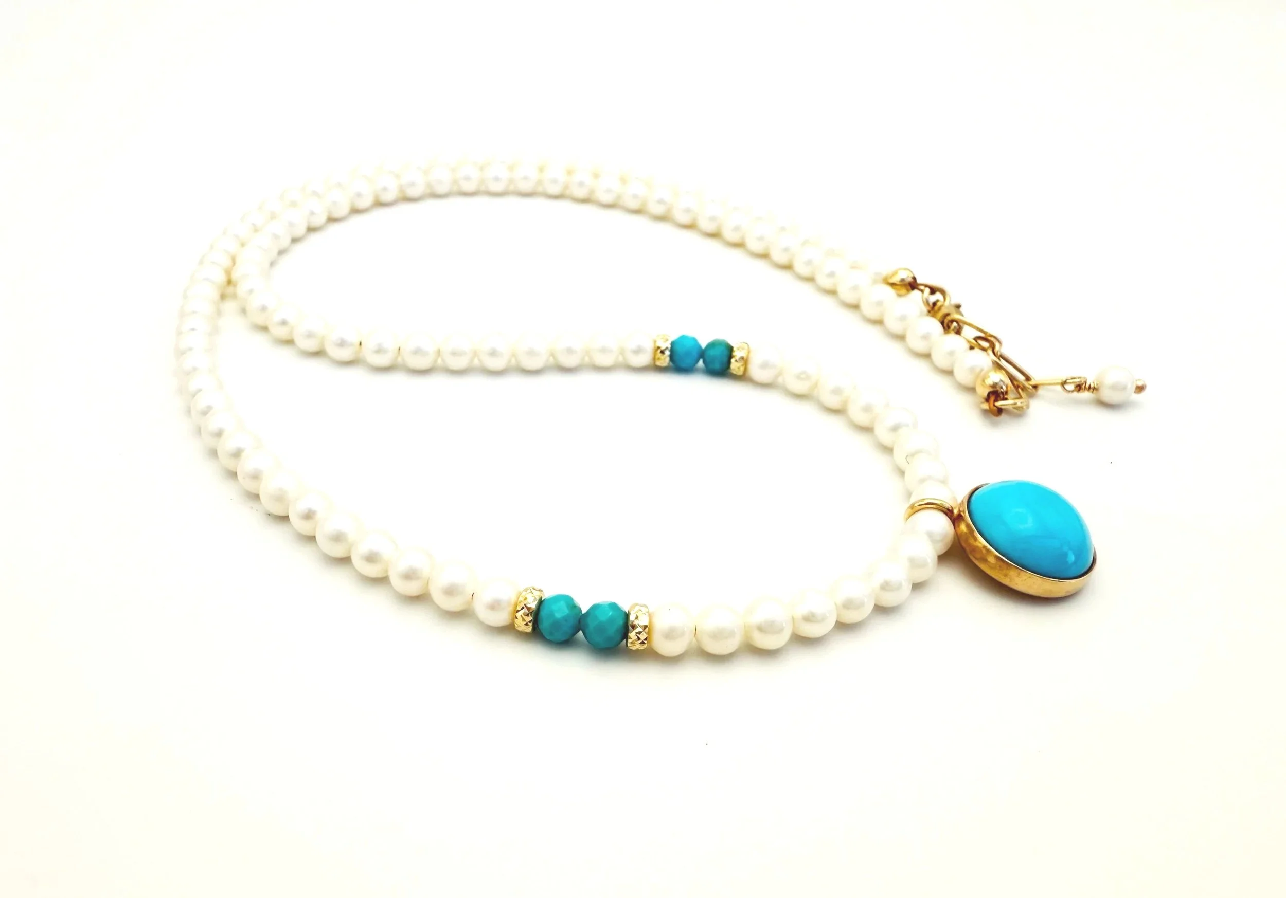 3mm round pearl strand necklace with blue turquoise pendant in 14k gold