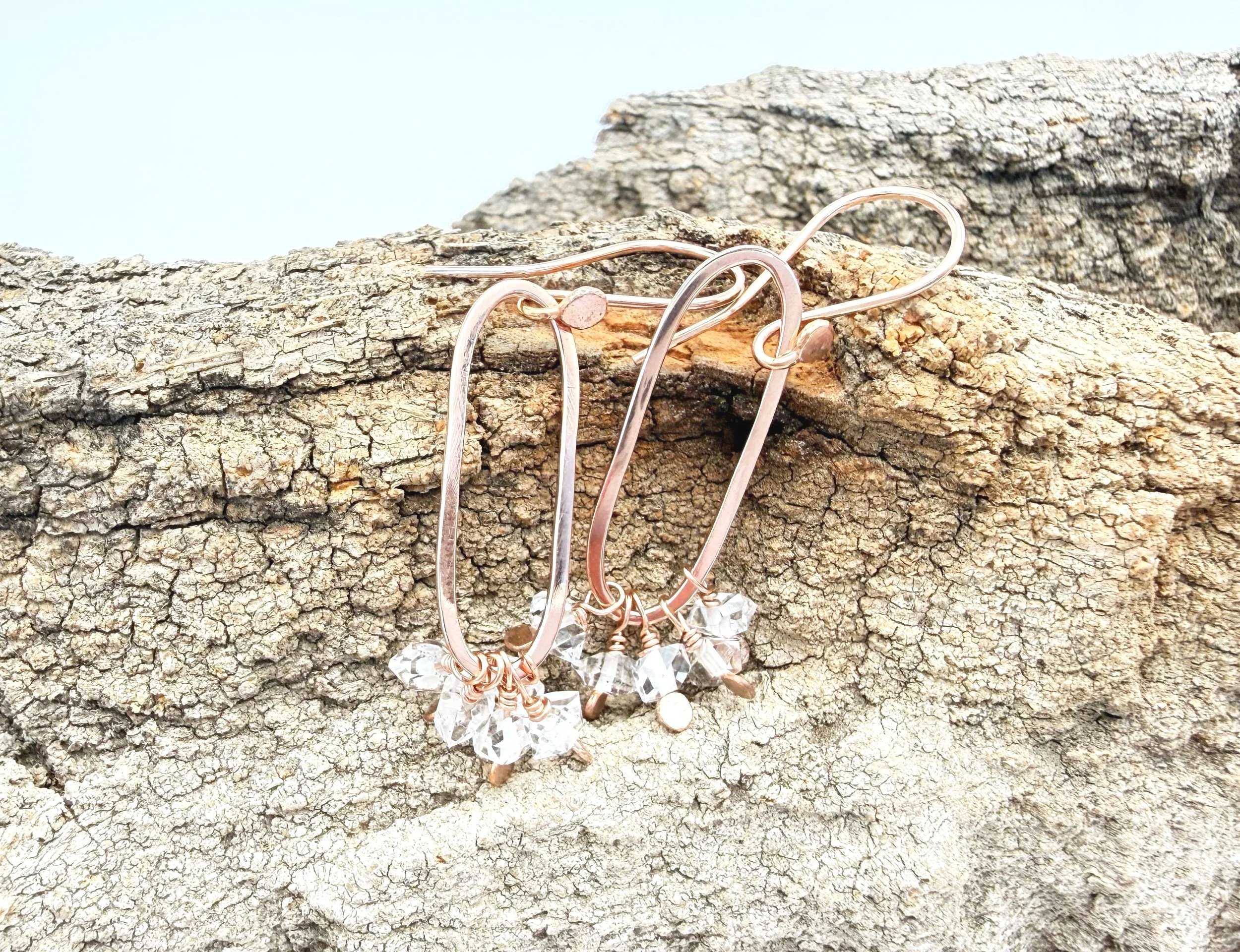 rose gold dangle earrings with herkimer gemstones