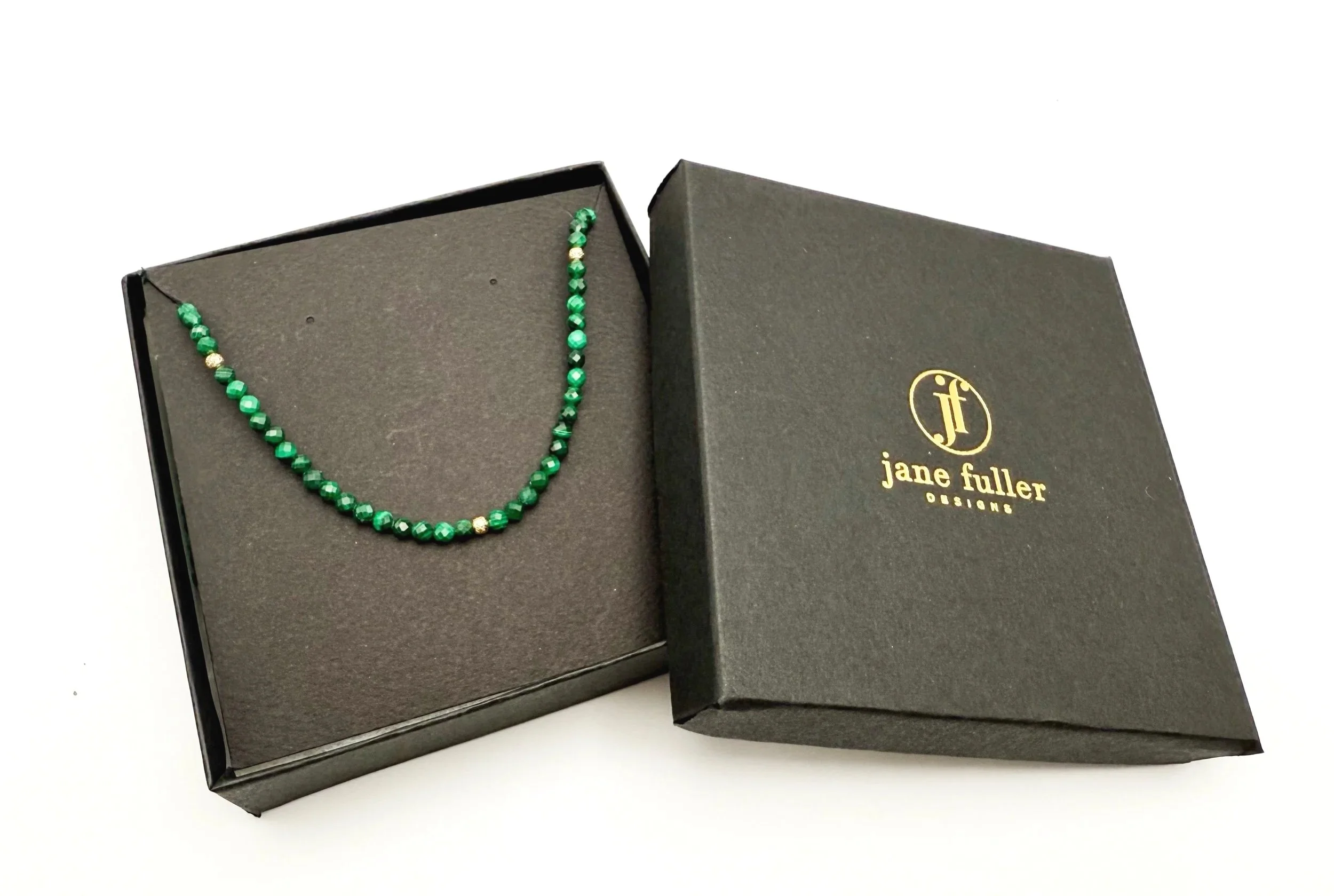 handmade malachite beaded necklace shown in Jane Fuller Designs gift box