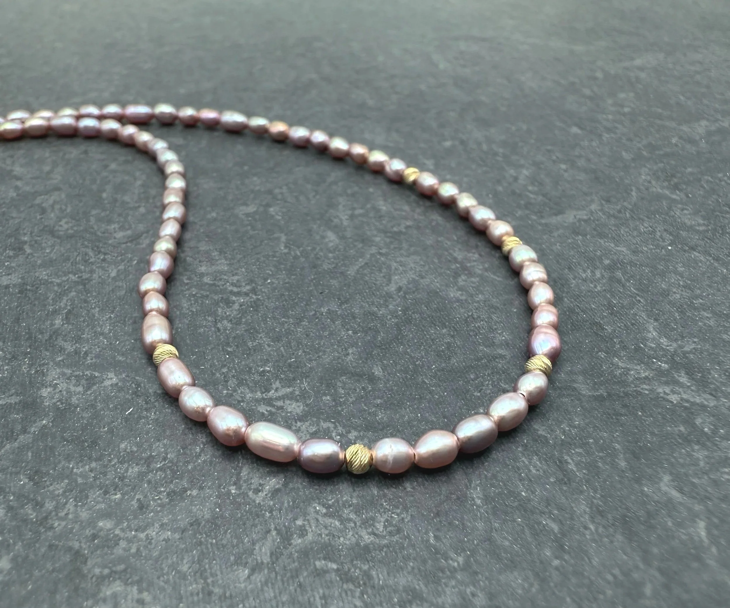 Solid gold purple pearl strand necklace 14k