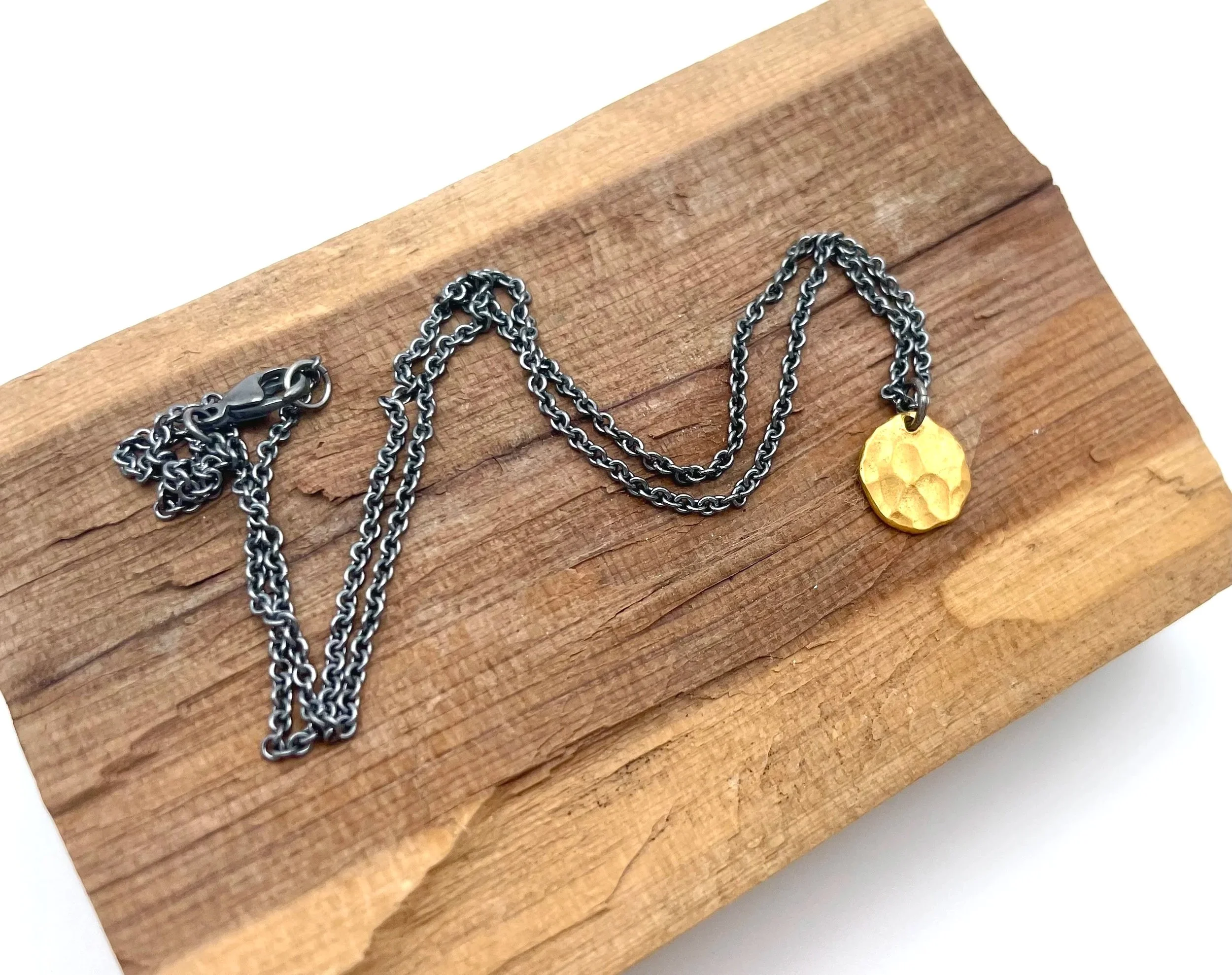pure gold pendant necklace with oxidized silver chain