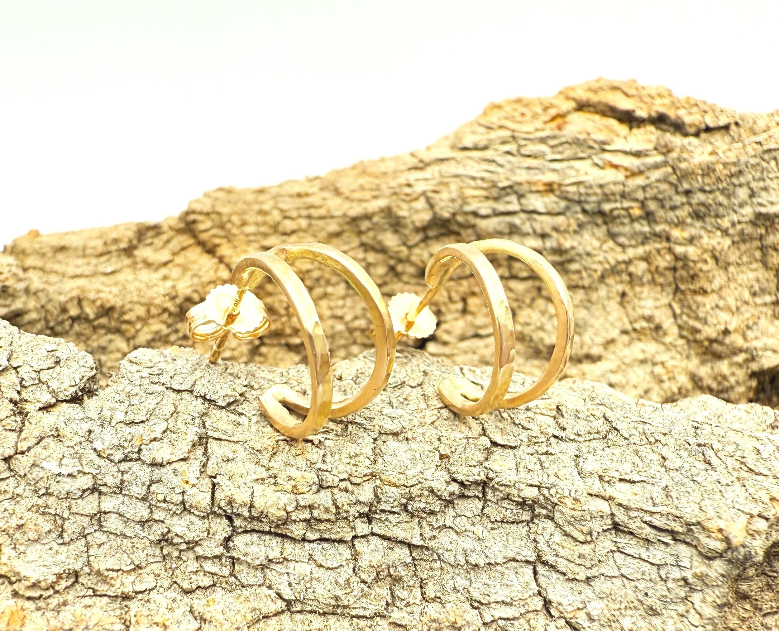 small double hoop hammered earrings 14k gold