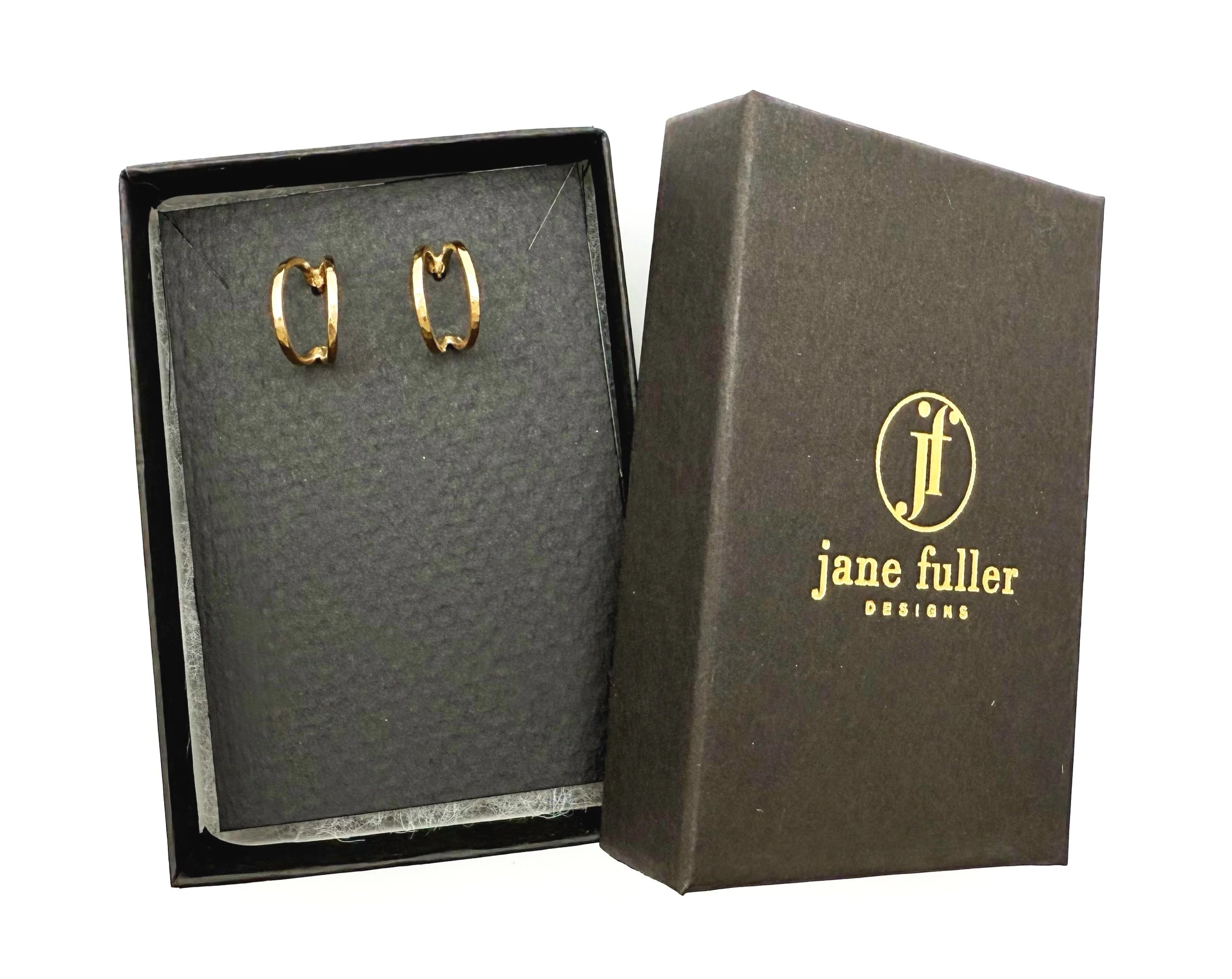 handmade gold hoop earrings in Jane Fuller Designs gift box