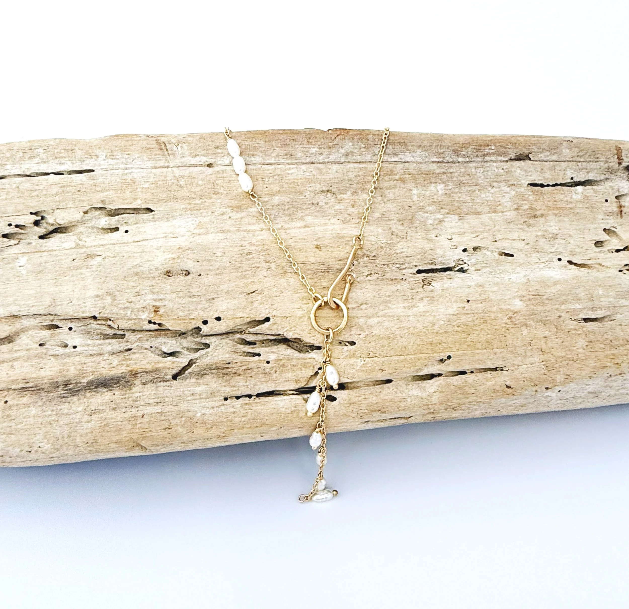 Dainty solid gold pearl necklace 14k