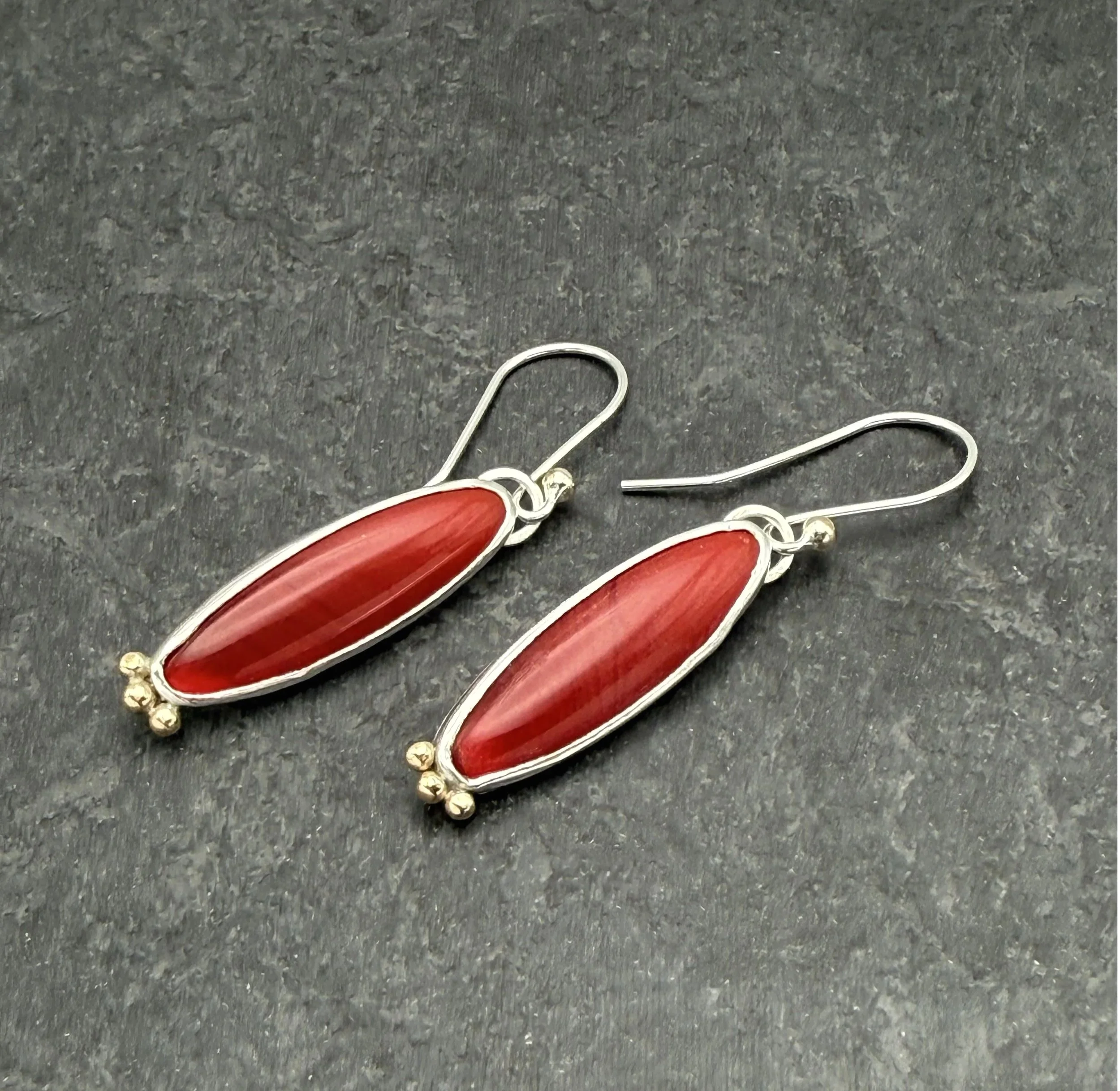 Red stone dangle earrings in sterling silver with 14k gold