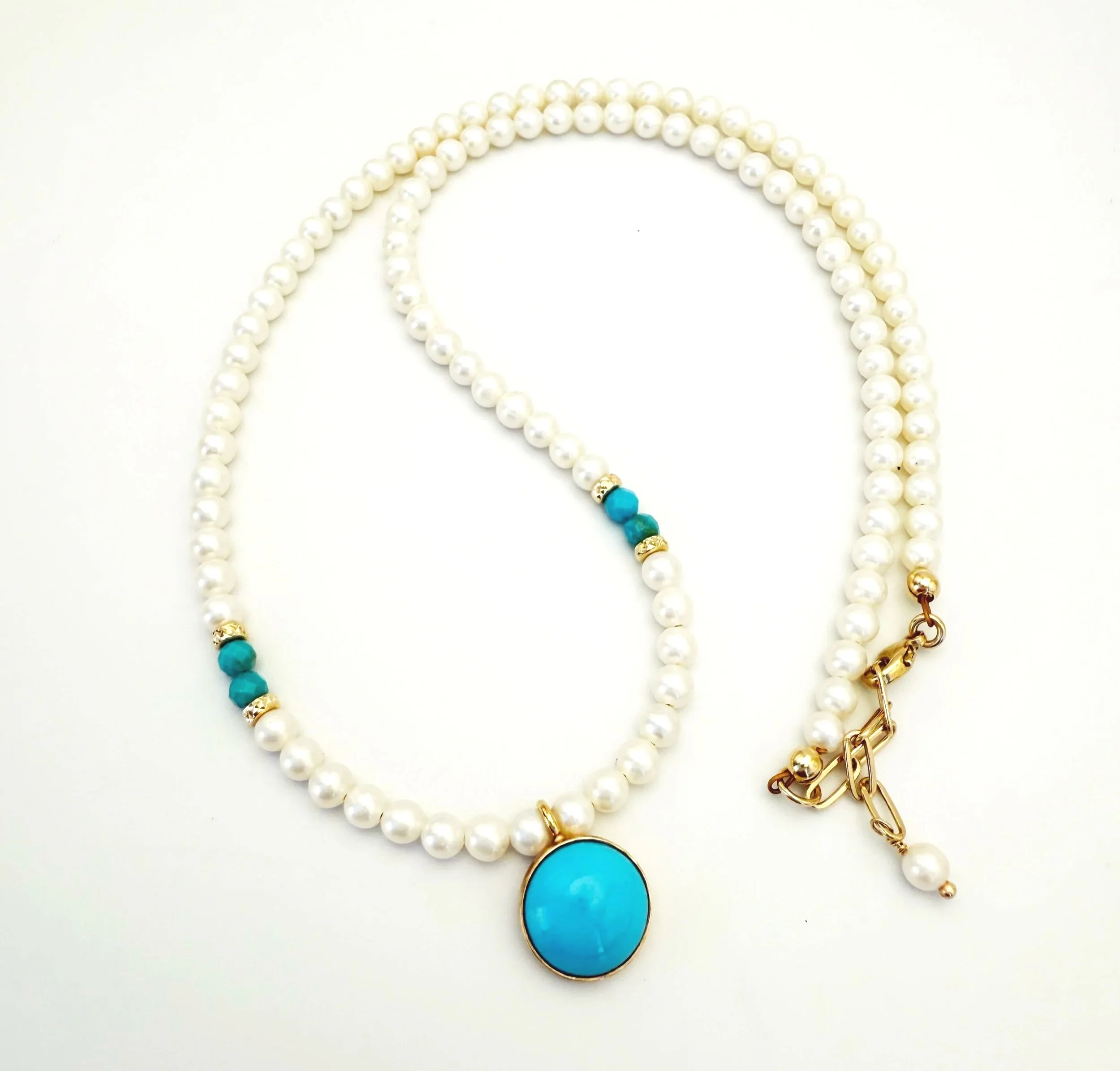solid gold turquoise and pearl necklace 14k