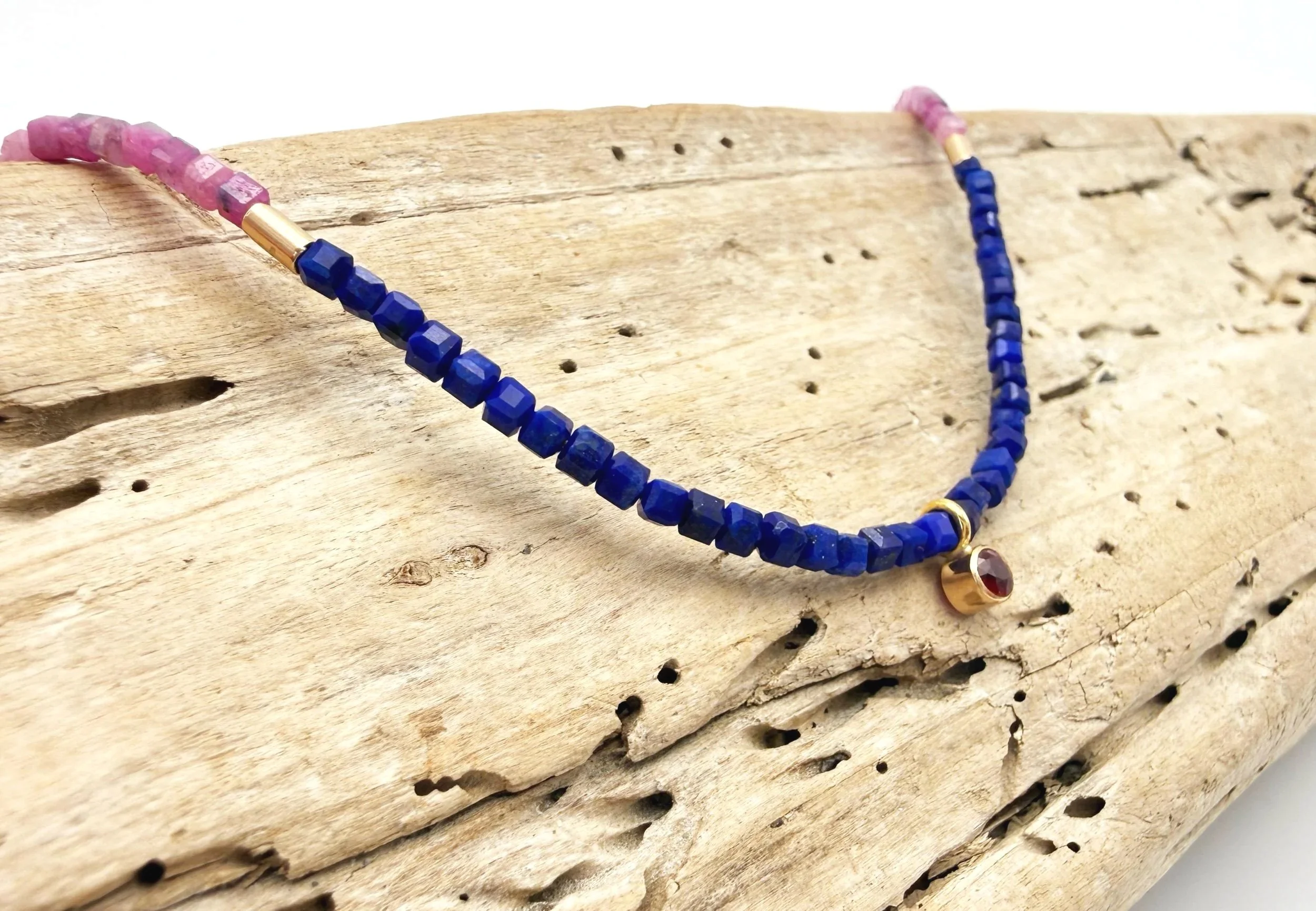 two color gemstone beaded necklace 14k gold