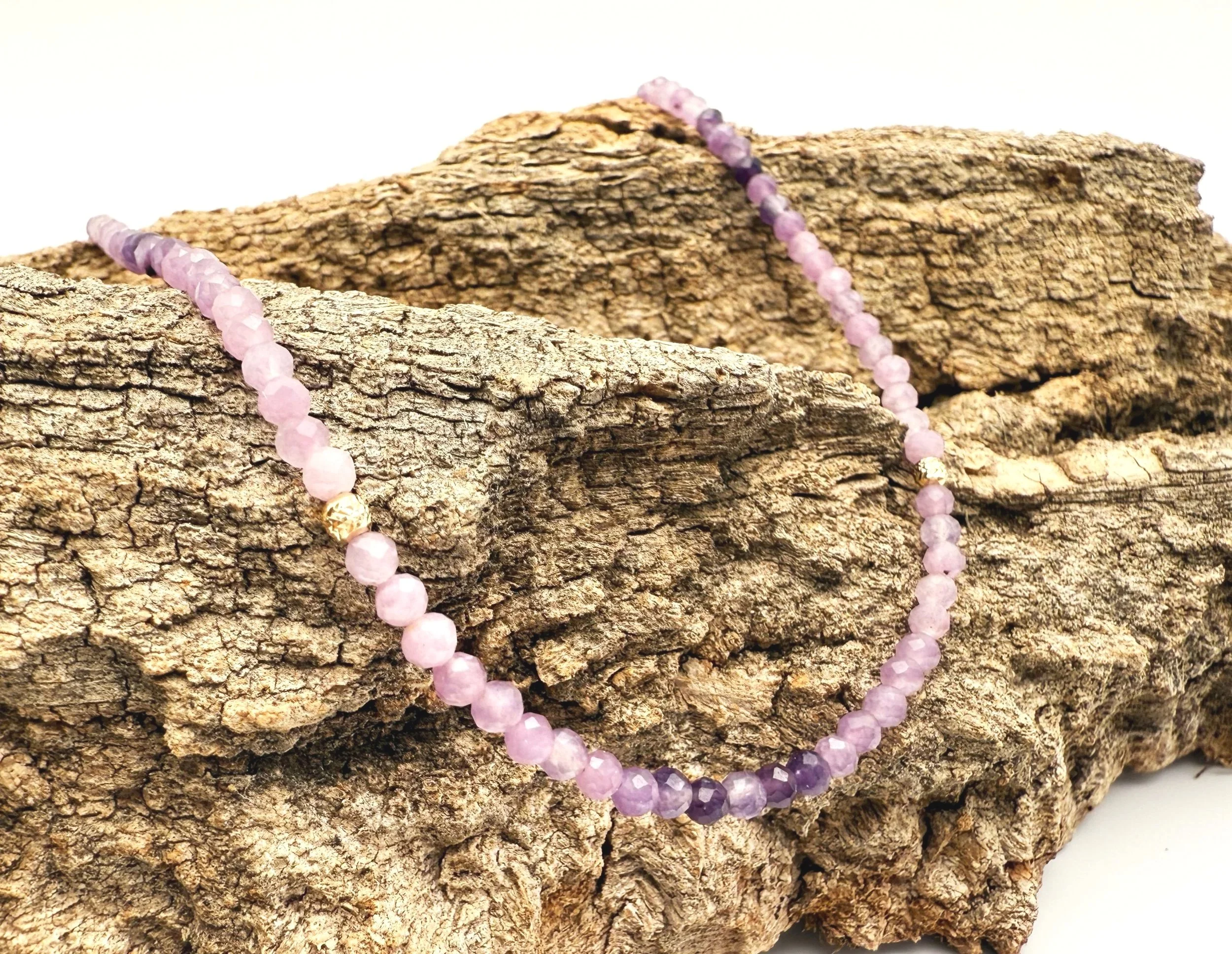 lepidolite gemstone beaded necklace 14k gold