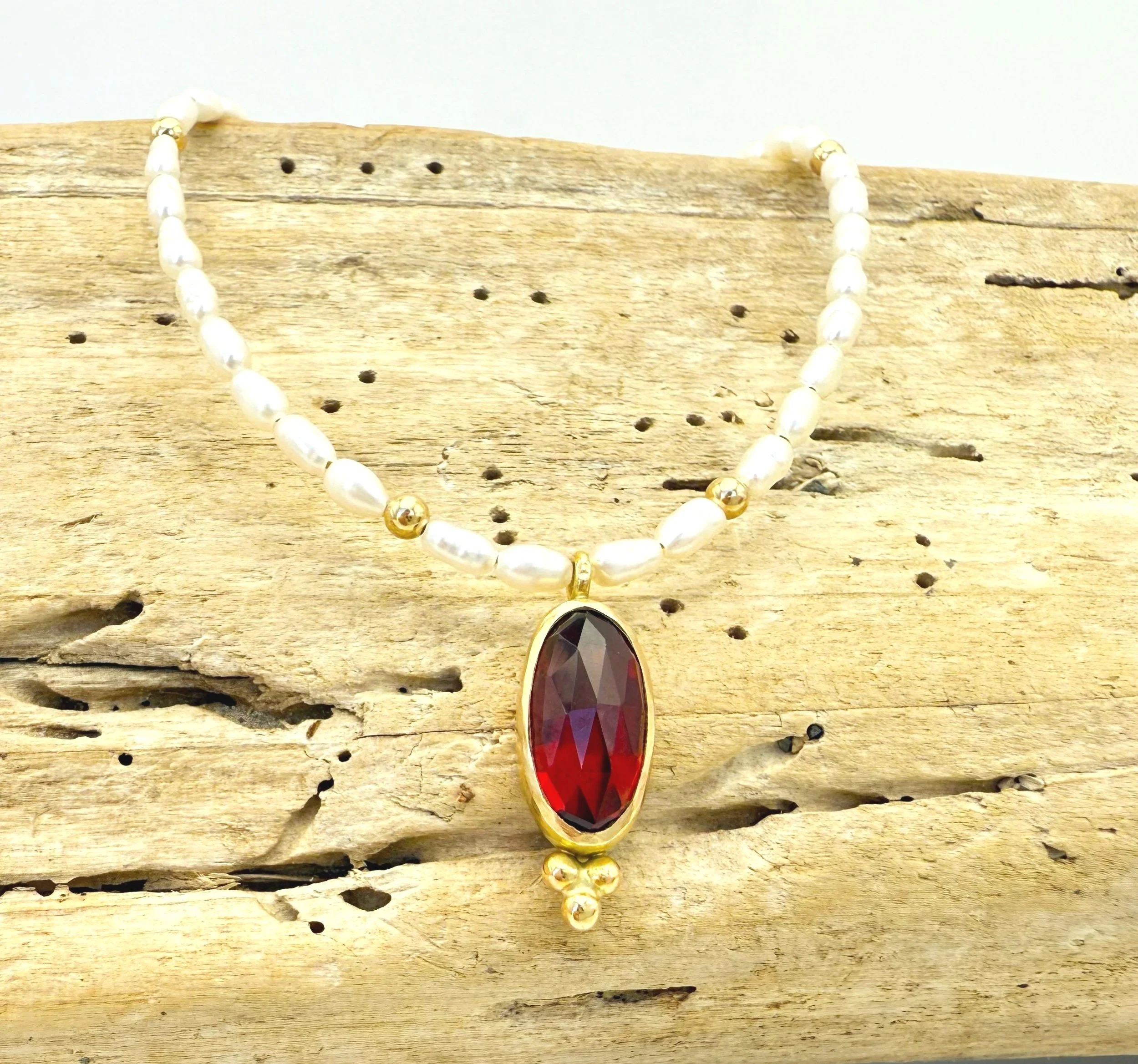 14k Gold Garnet Pendant Necklace with Pearl Strand