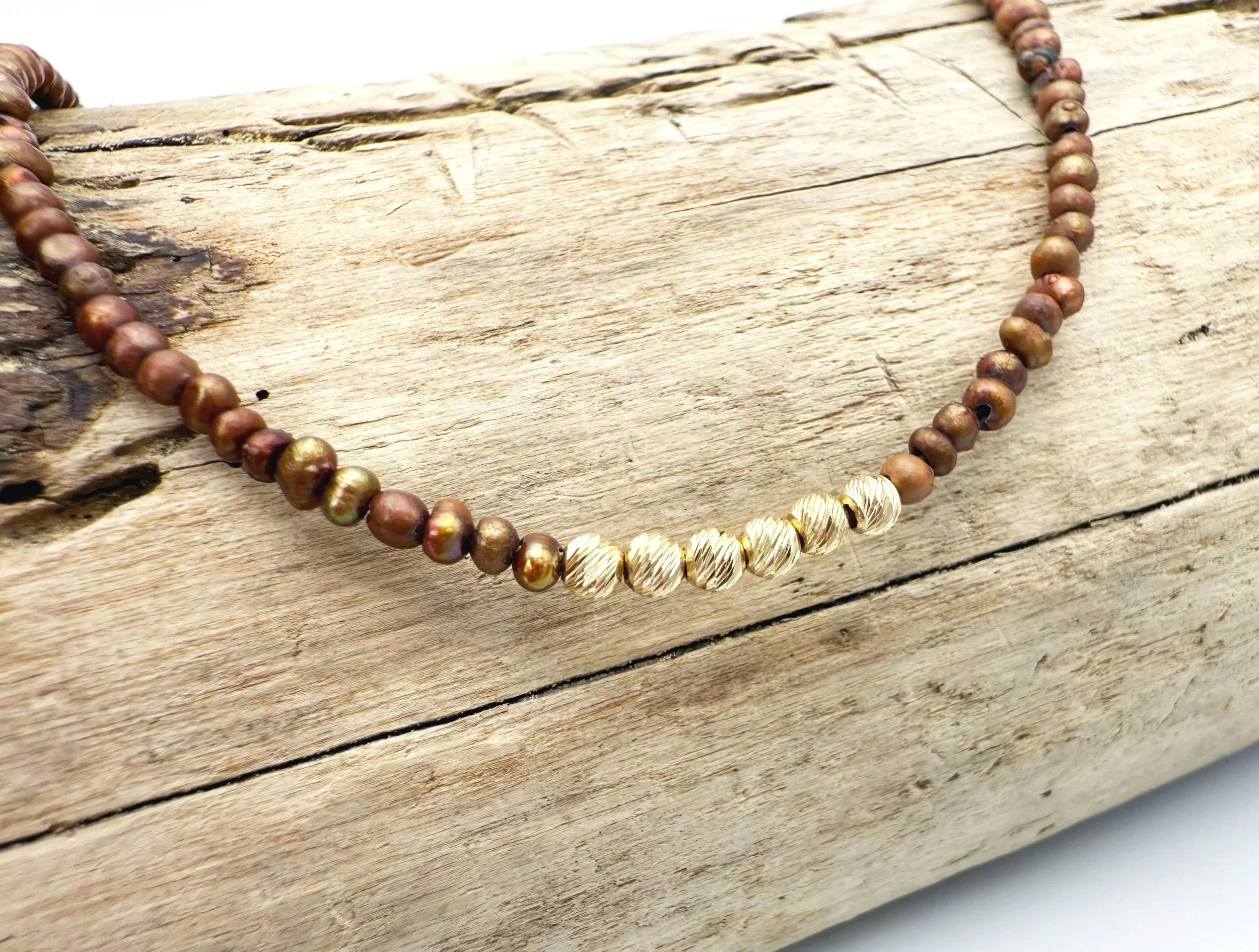 gold and brown freshwater pearl bead necklace 14k