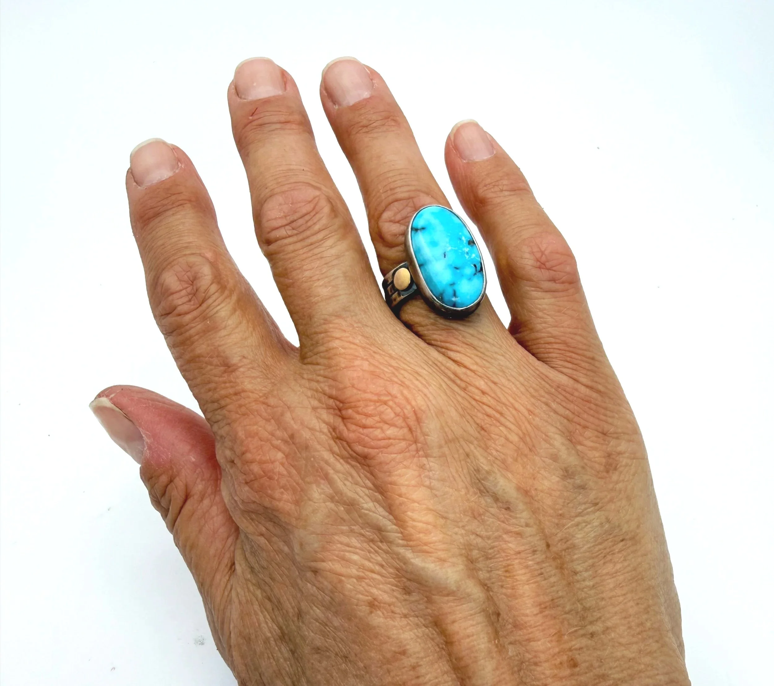 One of a kind large turquoise ring mixed metal